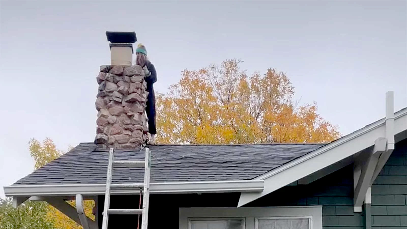 A masked visitor was spotted on the roof in September, before Roich later discovered a raccoon had breached the chimney’s protective wire mesh.