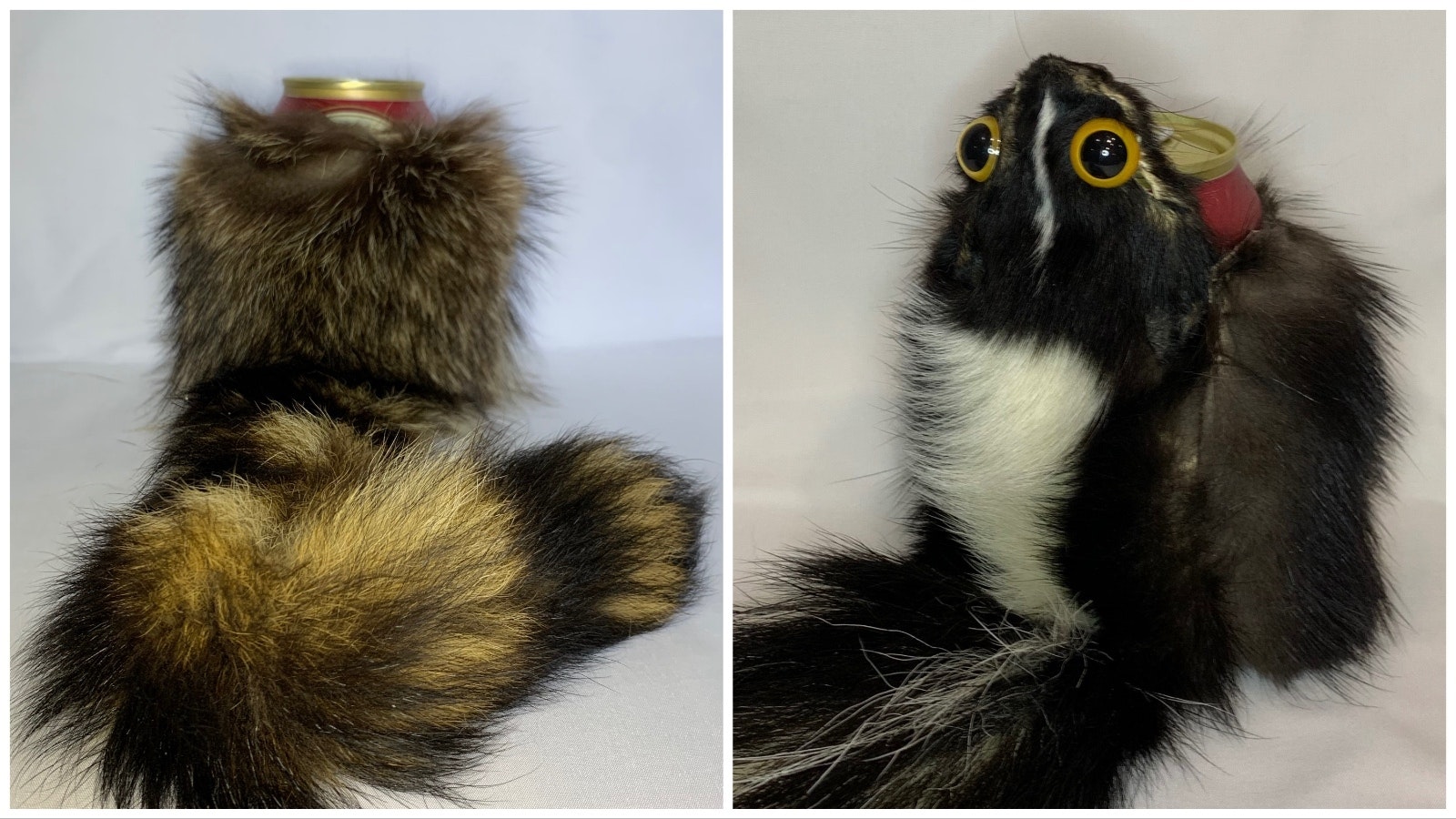 A Racoozie, left, and Skoonzie, koozies made from a raccoon and skunk, respectively.