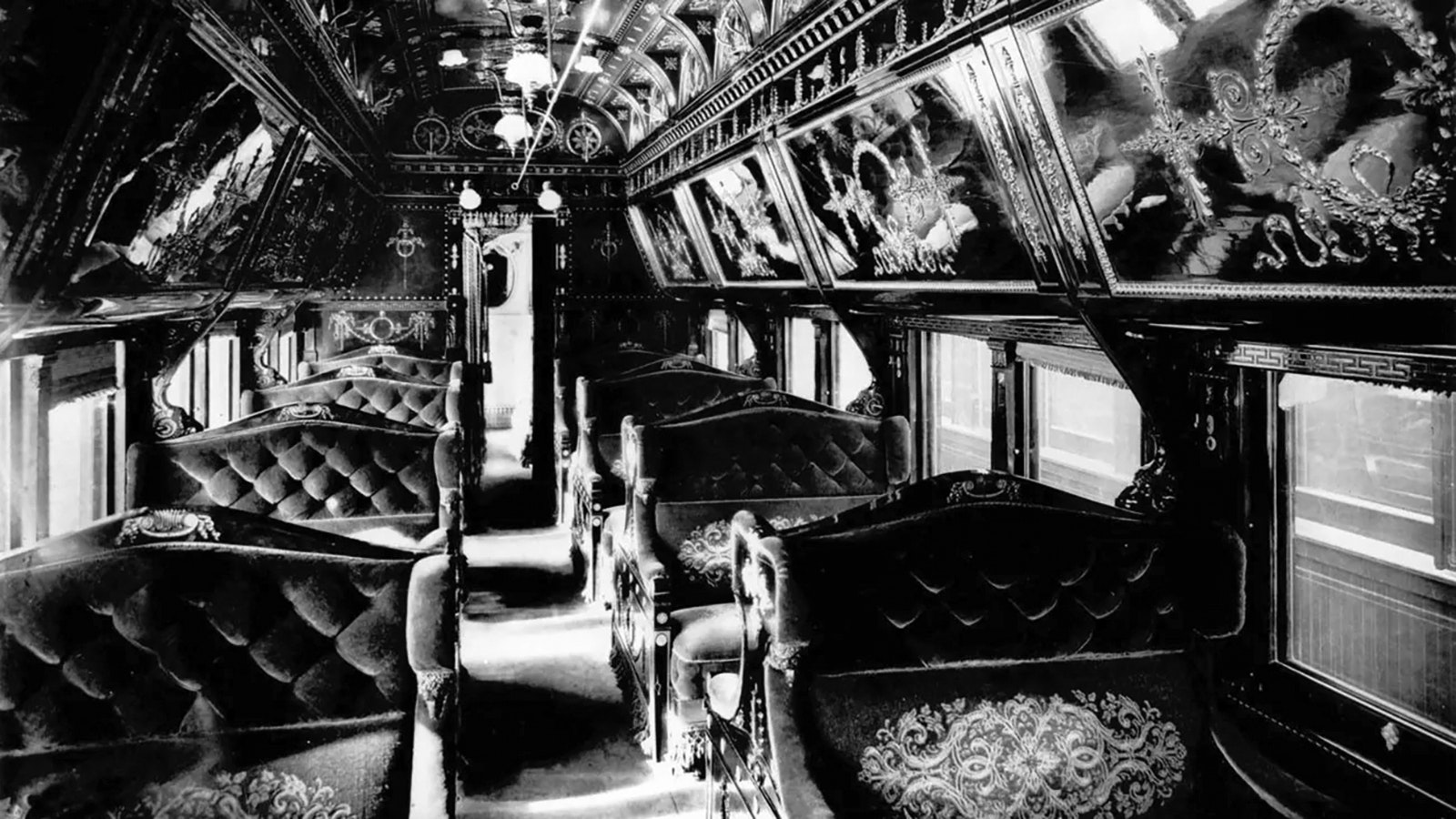 This period photo shows just how luxurious and opulent some Pullman railroad cars were as railroads opened up America.