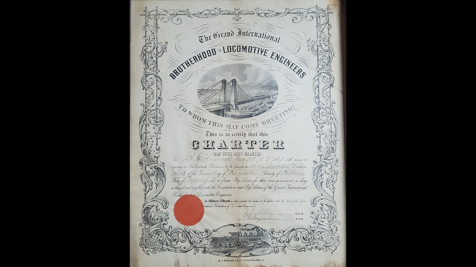 The charter for the Brotherhood of Locomotive Engineers Division 103 was signed on May 14, 1869.