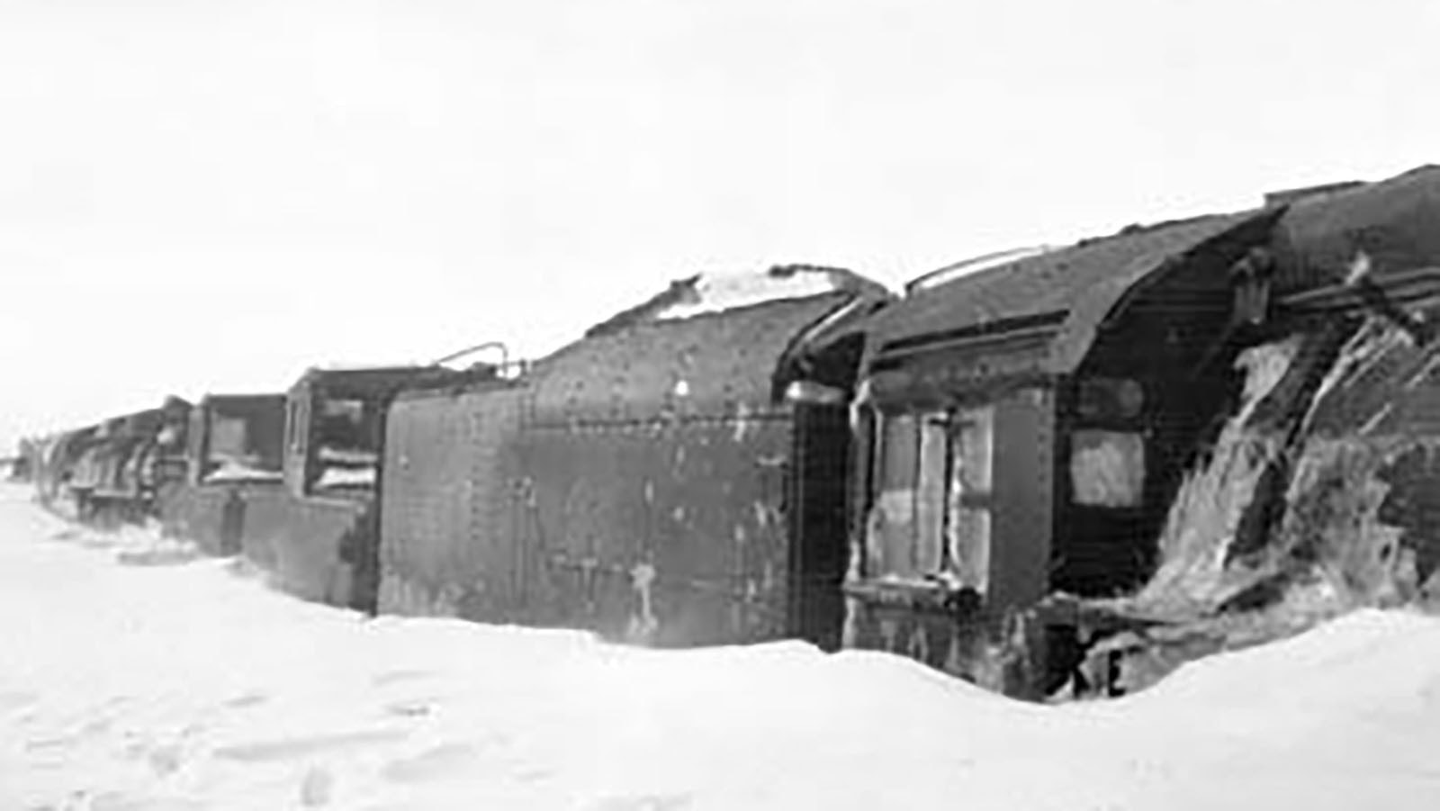 Union Pacific engineers traveling between Cheyenne, Rawlins and Green River had to deal with Wyoming’s weather. This train was snowbound in Rawlins in 1949.