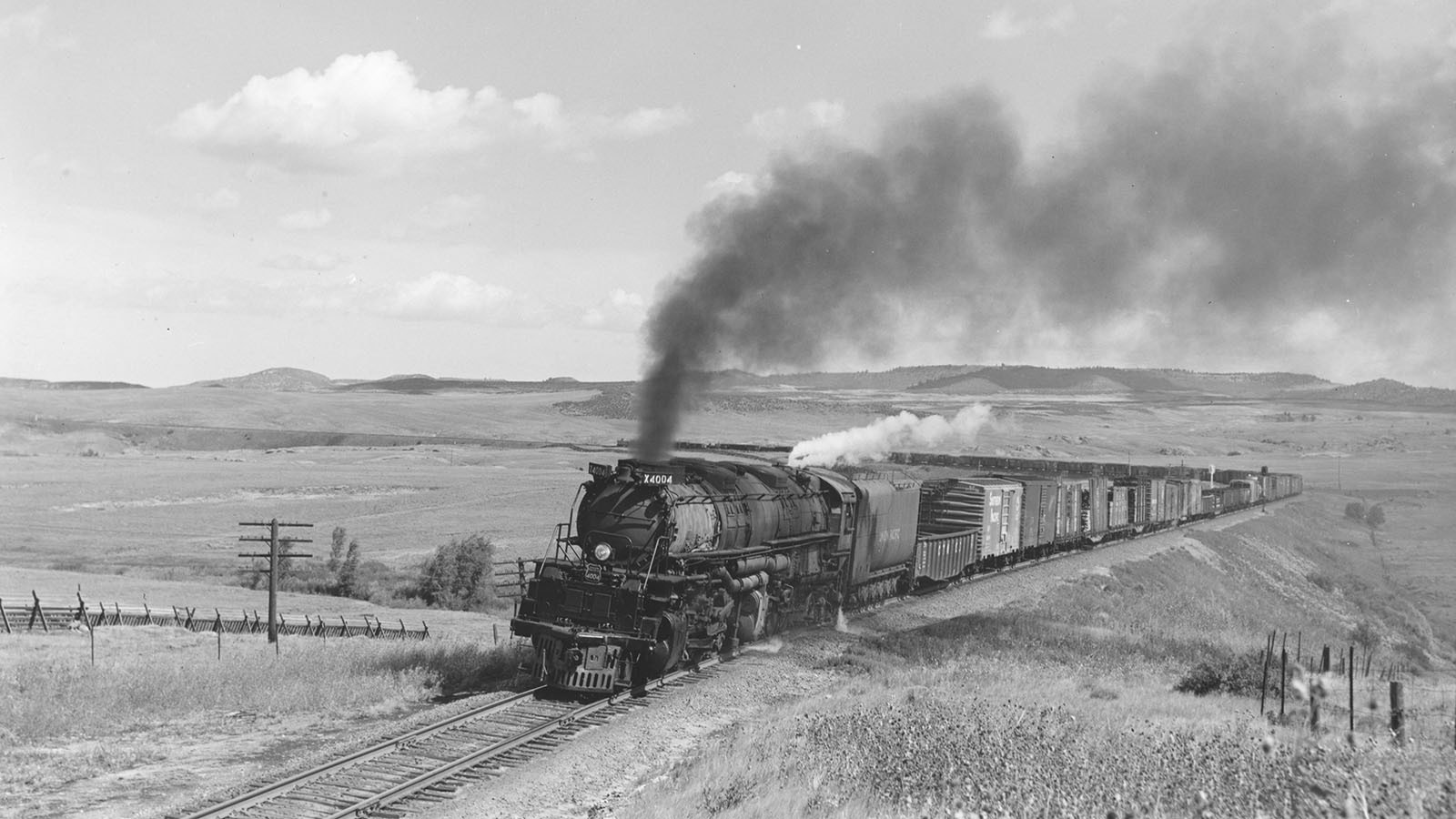 Union Pacific steam locomotive 4004 chugs along near Hermosa, Wyoming, on Aug. 29, 1958.