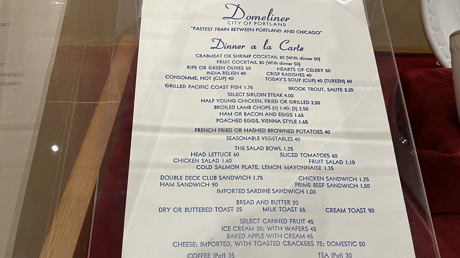 A menu from the “City of Portland” Domeliner train between Portland and Chicago shows how sumptuous dining could be on the railroad.