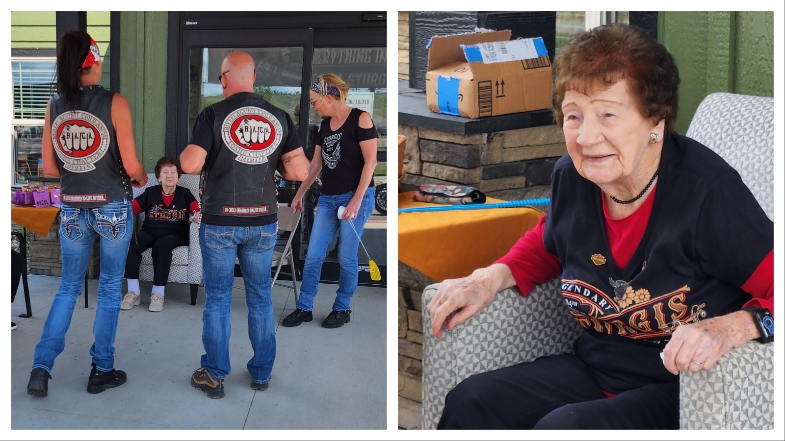 Hazel Baumberger is 108 and South Dakota's oldest person. She also attended the first Sturgis Motorcycle Ralley in 1938. Not able to attend this year, some Sturgis rallygoers brought the party to her with a drive-by Rally to Hazel on Monday. At left, she meets with members of Bikers Against Child Abuse.