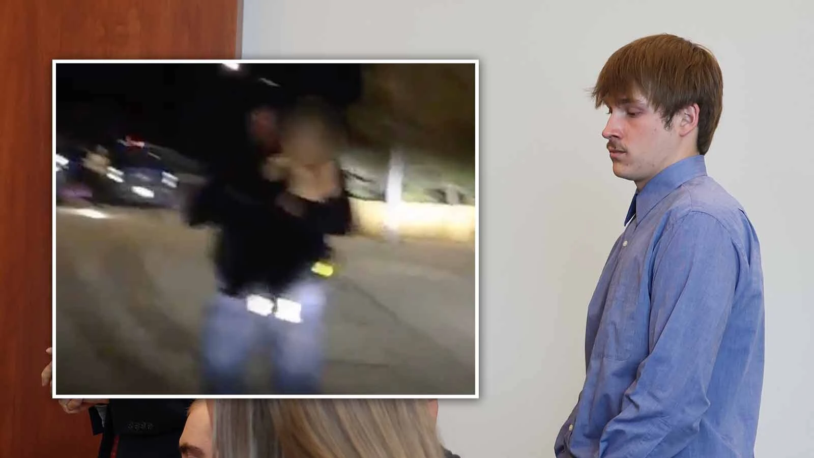 Brayden Randolph appears in Casper Circuit Court on Monday, Jul 6, 2026. Inset is a screenshot from body cam video of an officer removing an 18-month-old Randolph is accused of using as a shield during an armed standoff.