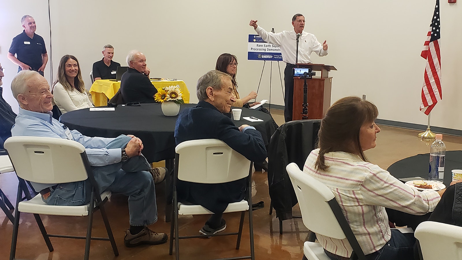 U.S. Sen. John Barrasso speaks to a standing-room-only crowd in Upton gathered to hear about progress on a demonstration scale plant for processing rare earths.