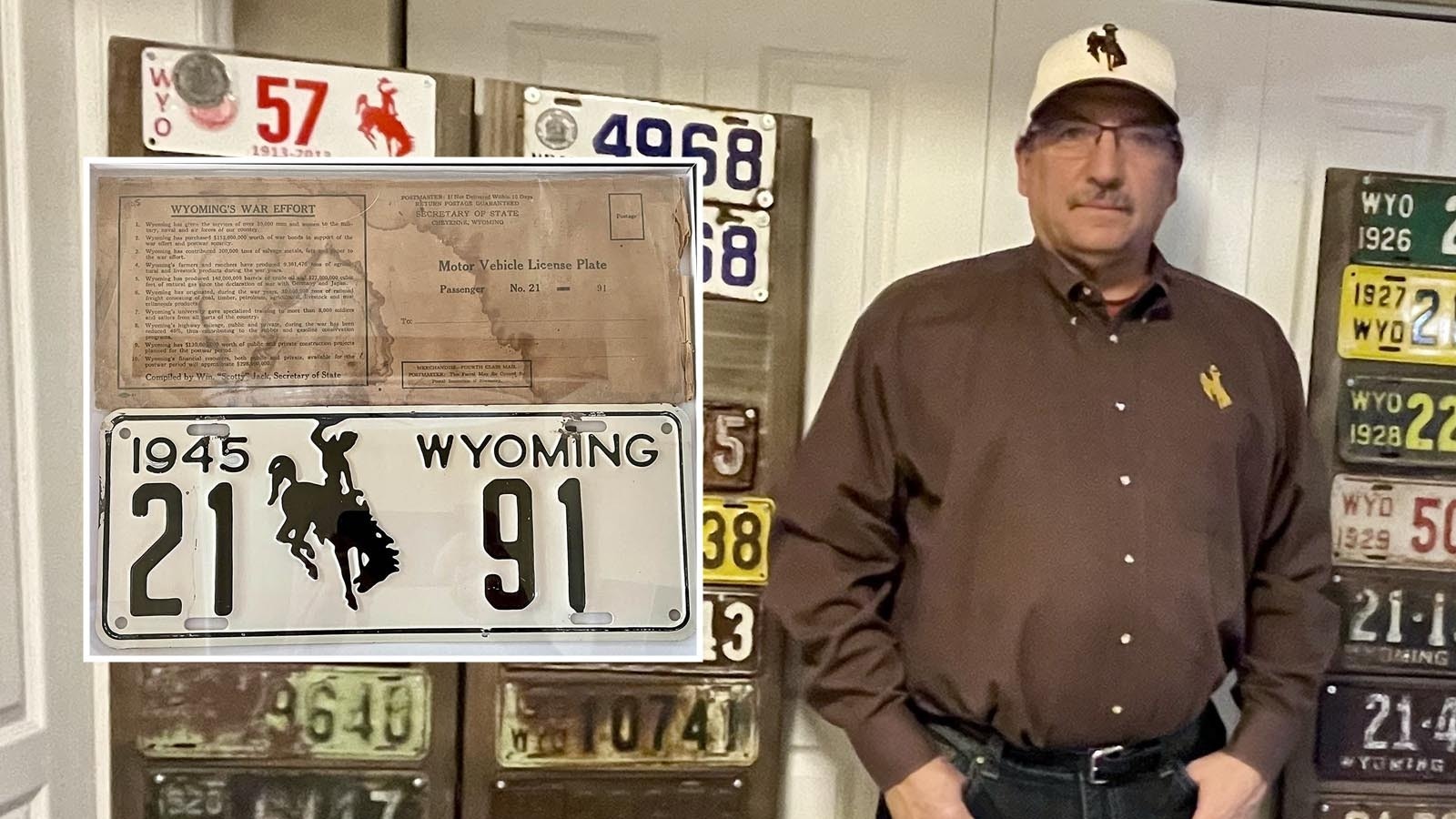 Collin Townsend with a portion of his Weston County license plate run. He has a car and truck license plate from nearly every year between 1914 and 2024. Inset, a rare 1945 plate in his collection with its original wrapper.