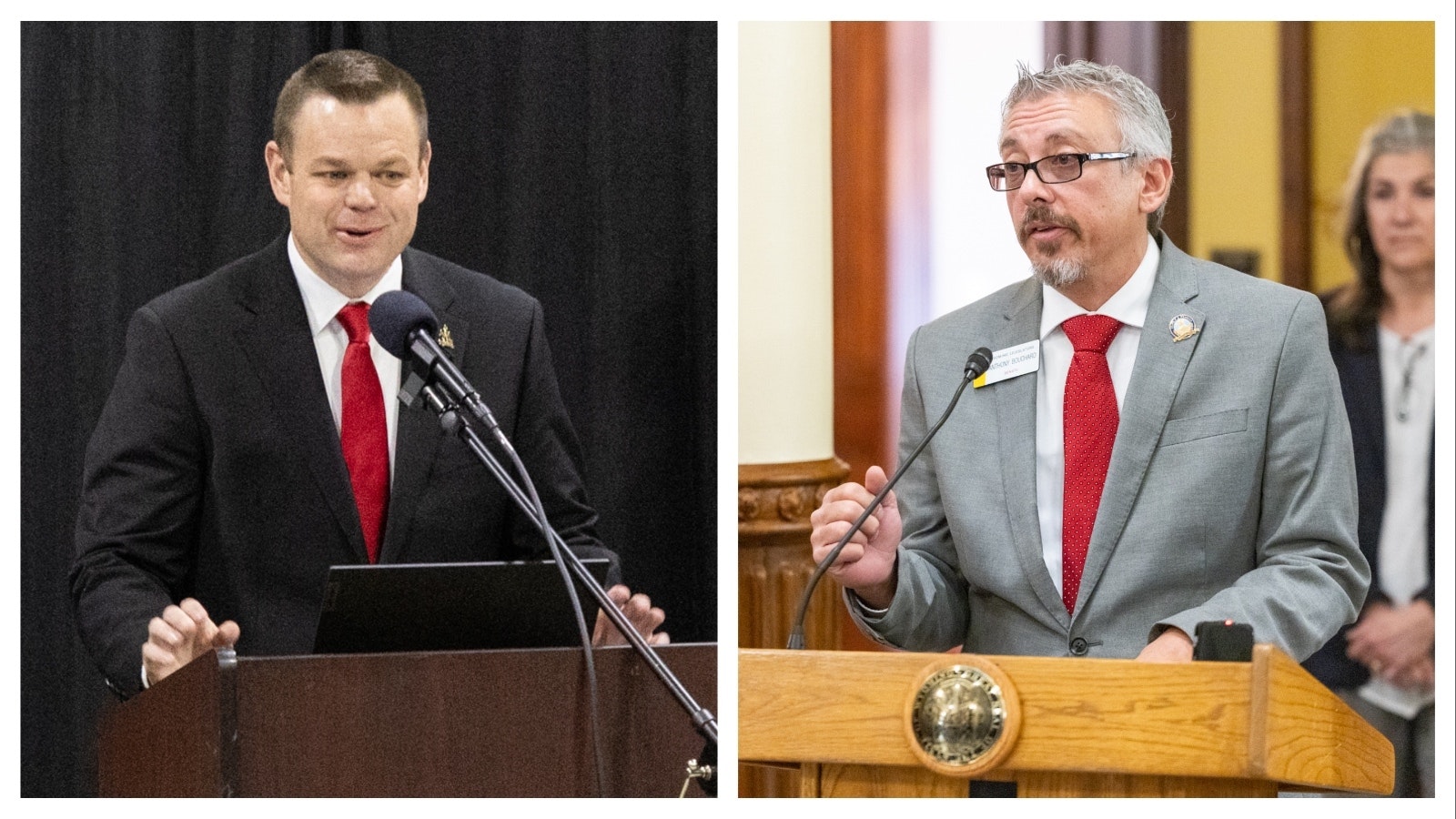 Wyoming entrepreneur Reid Rasner, left, filed a lawsuit Tuesday against former state Sen. Anthony Bouchard, right, claiming he was defamed and jeopardized his $47.5 billion bid to buy TikTok. He also said China is blocking his group from buying the social media app.