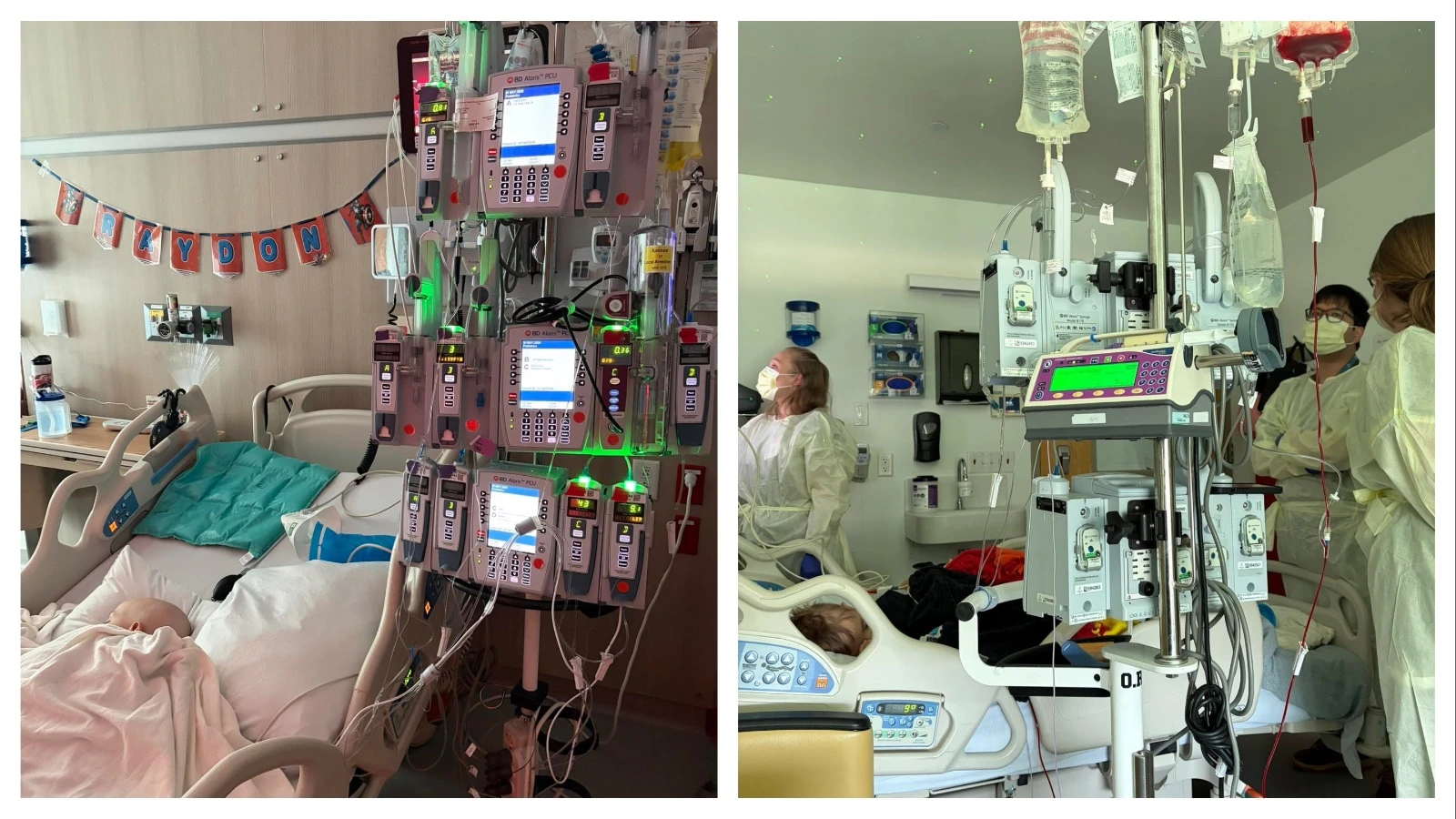 At left, the huge bank of medications Raydon Bowen was given. Right, his medical team at work.