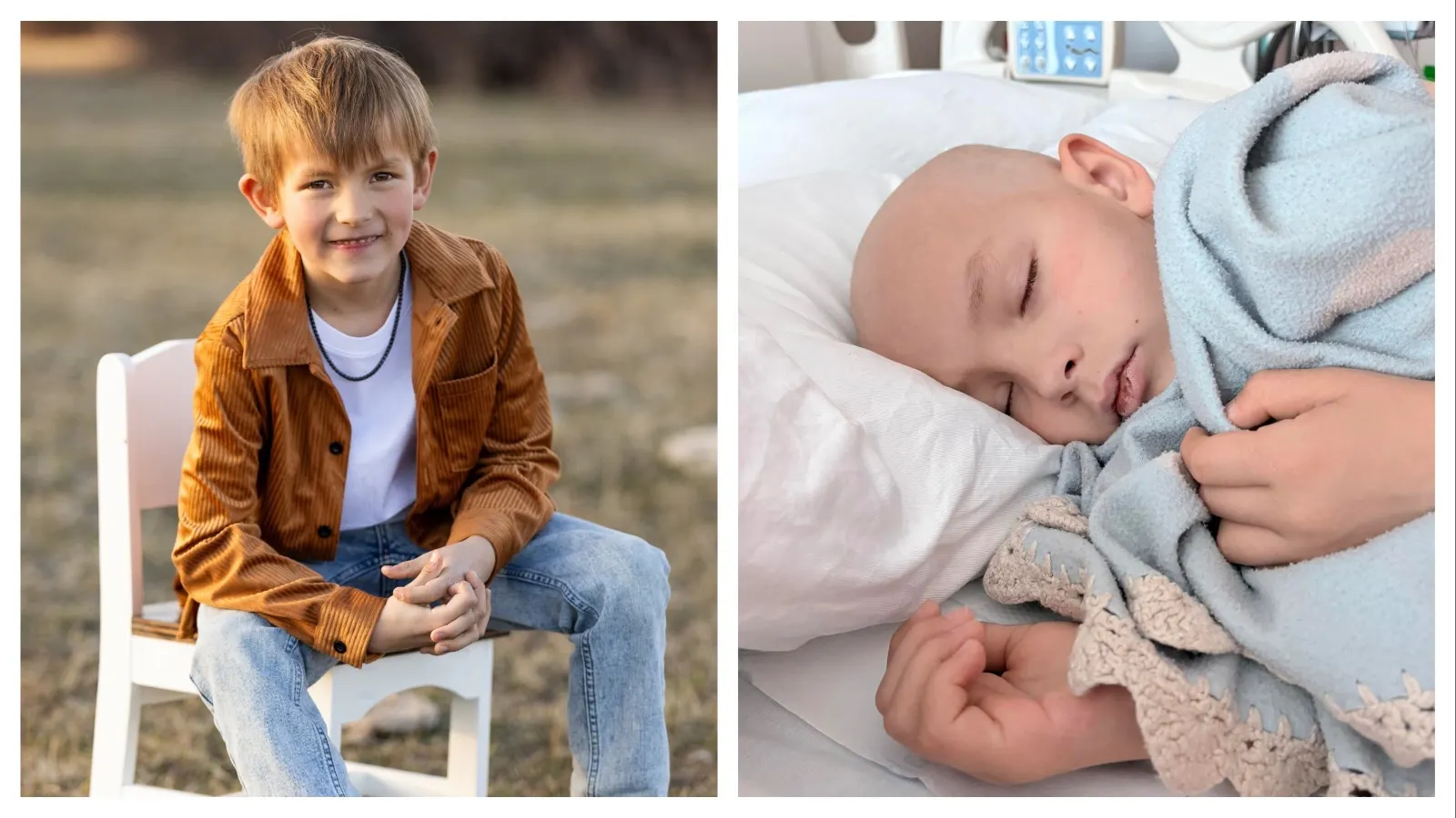 Raydon Bowel before his hospitalization, left. Right, An infusion of stem cells into Raydon's bone marrow has not yet started producing blood components.