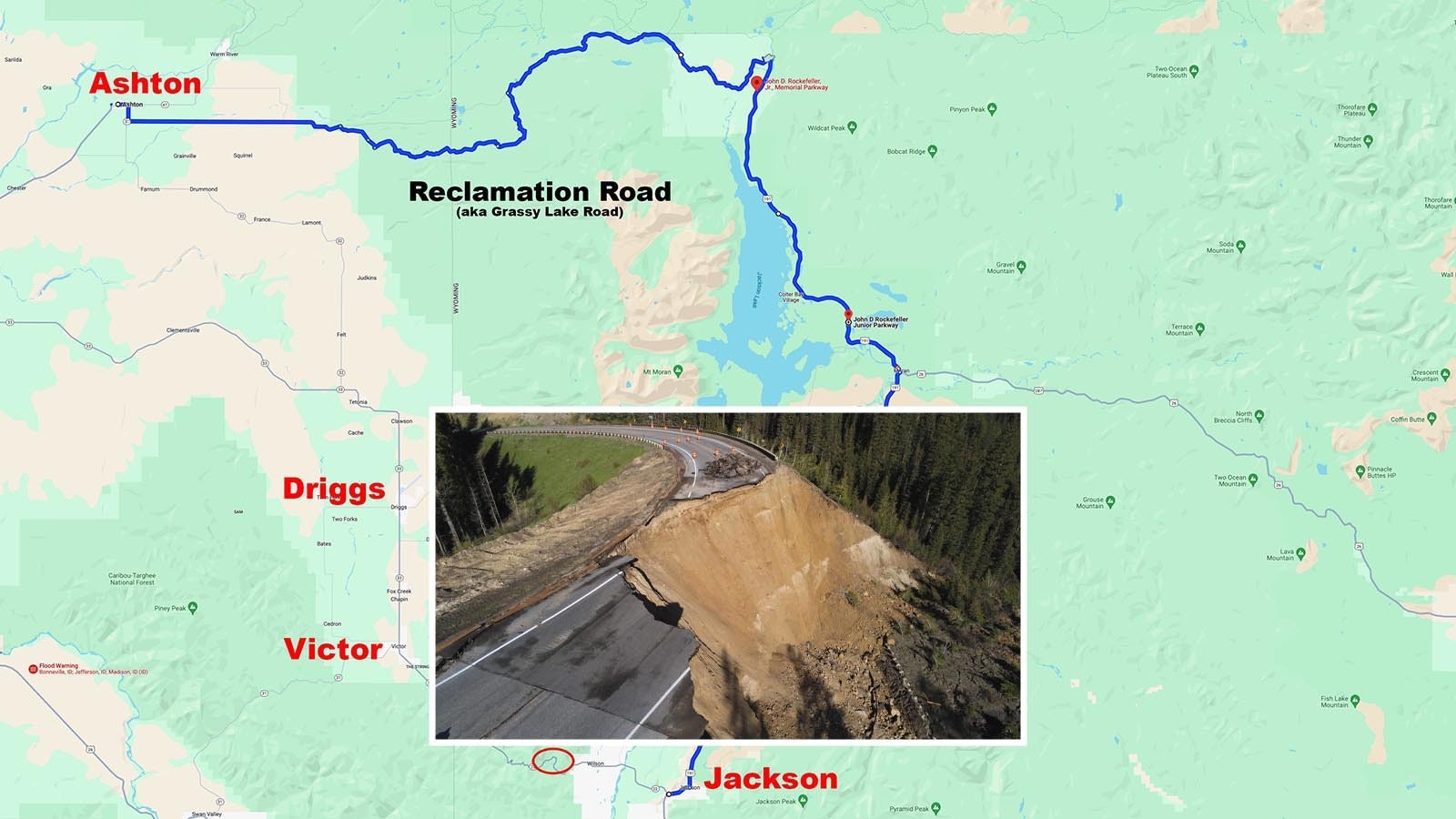 The northern "secret route" through the Tetons from Idaho to Jackson is still snowbound, but even when clear Reclamation Road is no shortcut and not recommended.