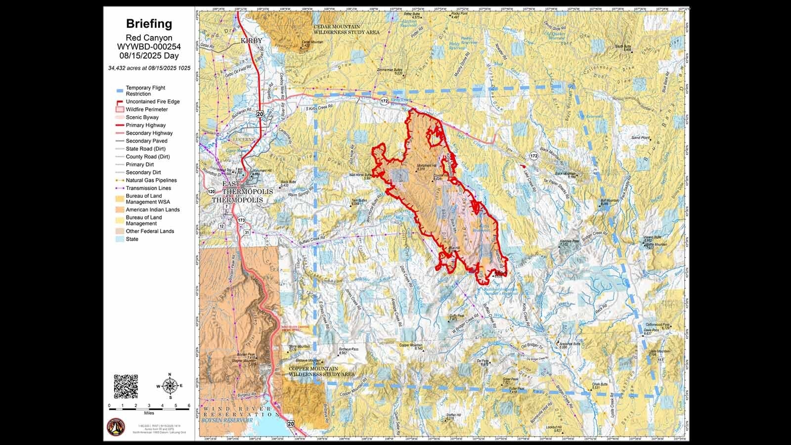 The lastest map of the Red Canyon Fire; however, the Wyoming State Forestry Division reports the fire has grown beyond the outlined borders, mostly to the northeast and southwest.