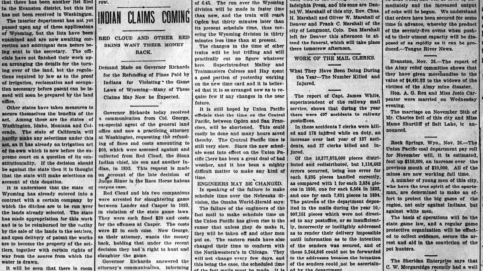 The Cheyenne Daily Sun-Leader on Nov. 26, 1995, reported on a request for Red Cloud to get his fines sent back to him.