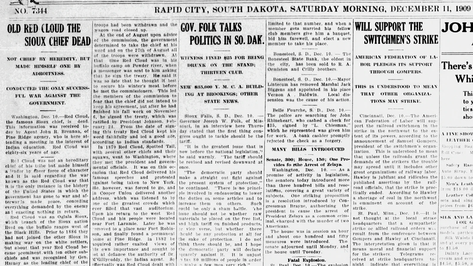 he Rapid City Journal in South Dakota was one of dozens of newspapers across the country announcing the death of Red Cloud in December 1909.