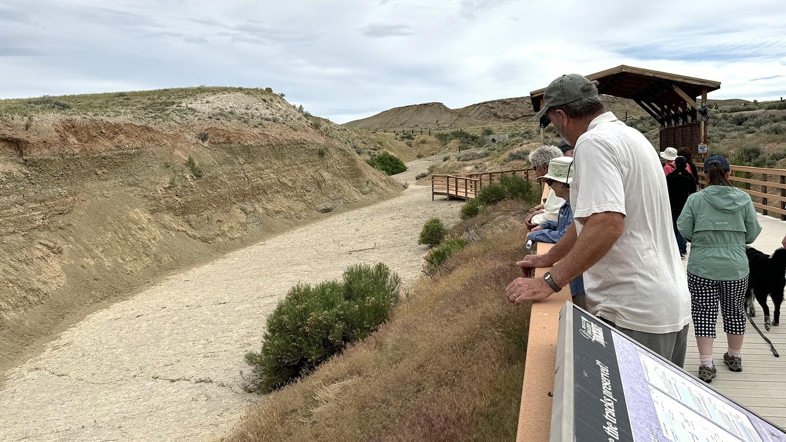 Visitors gaze down on "the ballroom" from the boardwalk at the Red Gulch Dinosaur Tracksite.