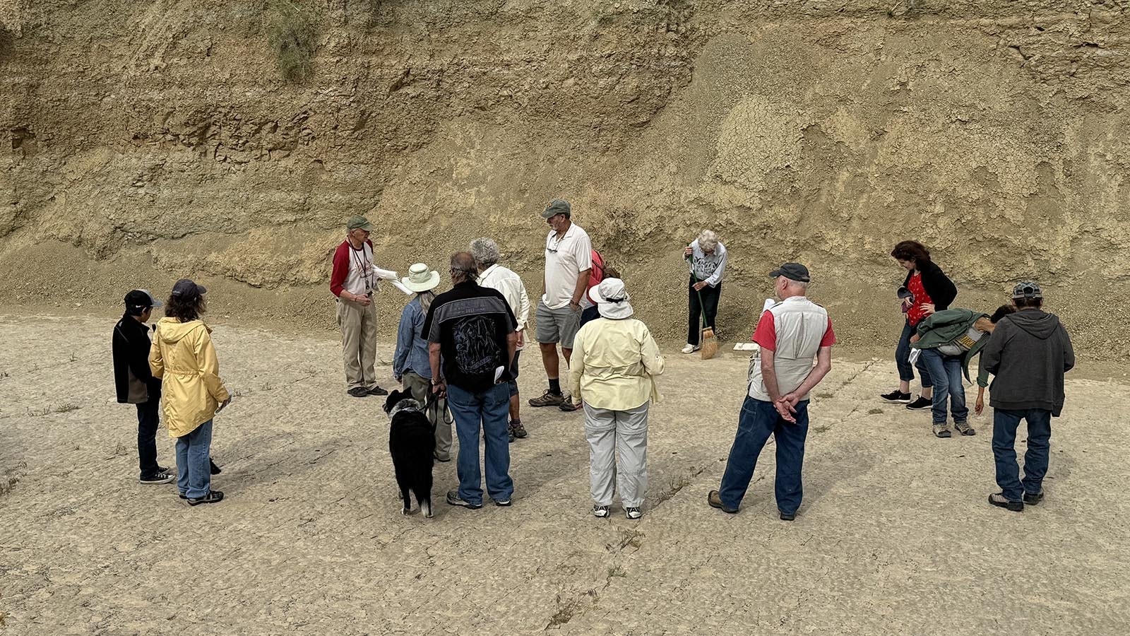 A Wyoming Walks group standing on "the ballroom" at the Red Gulch Dinosaur Tracksite near Greybull. The BLM site is accessible to the public, and anyone can step onto the rippled limestone and find the dinosaur tracks preserved there.