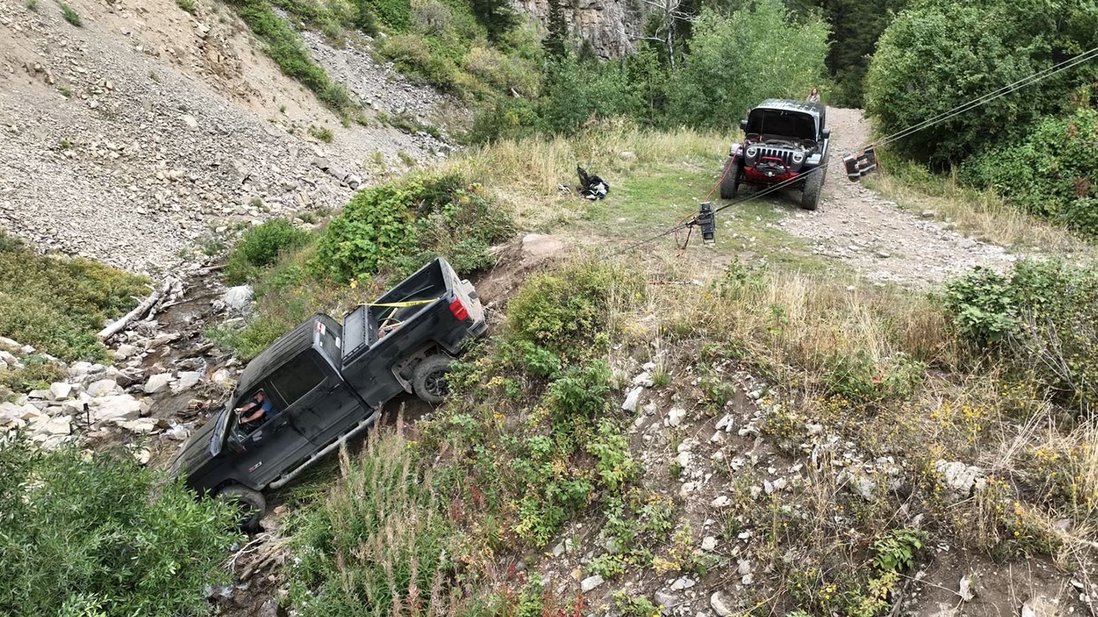 Redneck Rescue in Alpine commonly uses pulleys and snatch blocks to rescue vehicles from out-of-the-way places around Wyoming.