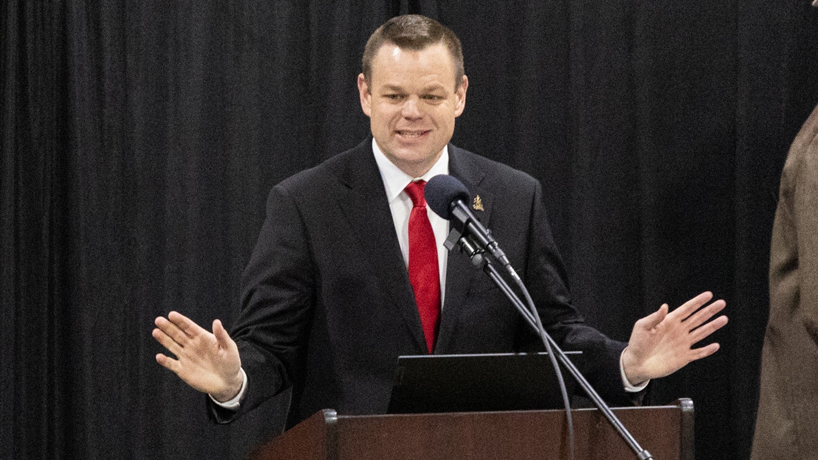 Republican candidate for Wyoming's U.S. Senate nomination, speaks during the 2024 Wyoming Republican Party convention in Cheyenne.