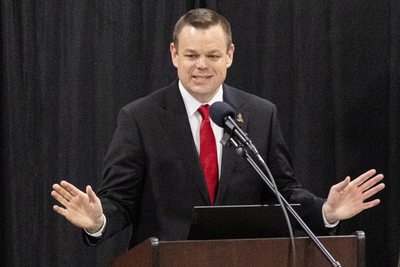 Republican candidate for Wyoming's U.S. Senate nomination, speaks during the 2024 Wyoming Republican Party convention in Cheyenne.