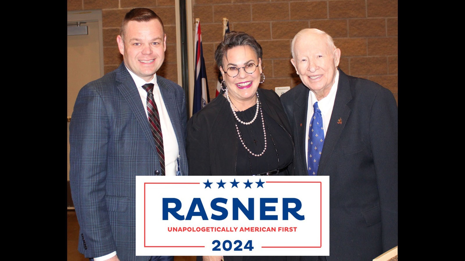 This photo showing U.S. Senate candidate Reid Rasner, left, with U.S. Rep. Harriet Hageman, center — and others like it — have prompted a lawyer for Hageman to send Rasner a cease and desist letter, saying the photos give the impression Hageman has endorsed Rasner in his campaign against Sen. John Barrasso.