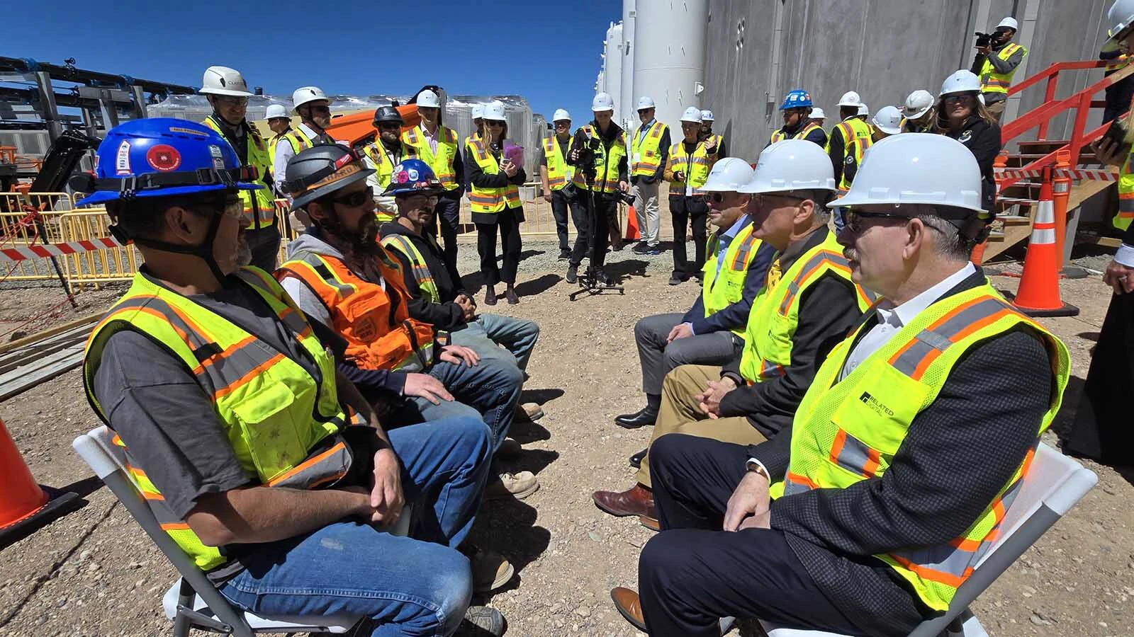 Workers on Related Digital's site talk to Mayor Patrick Collins, Gov. Mark Gordon and Related Companies CEO Jeff Blau.