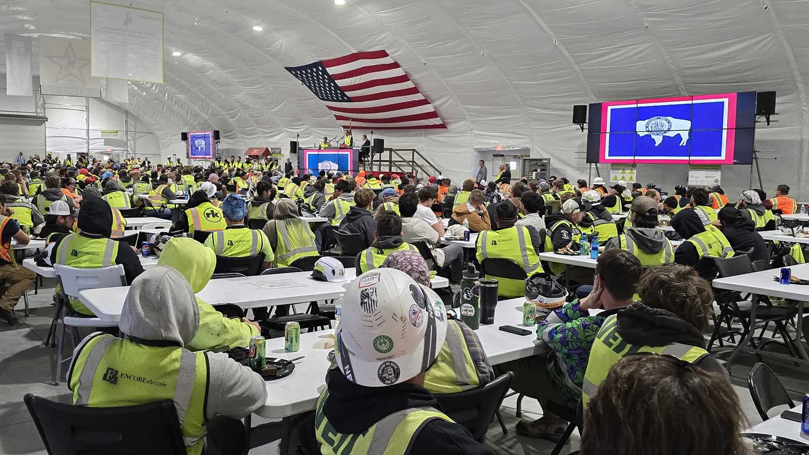 Four hundred workers listen to Gov. Mark Gordon applaud their efforts building the Related Digital data center east of Cheyenne. Gordon said the data center is a model of how data centers can and should be built in Wyoming.