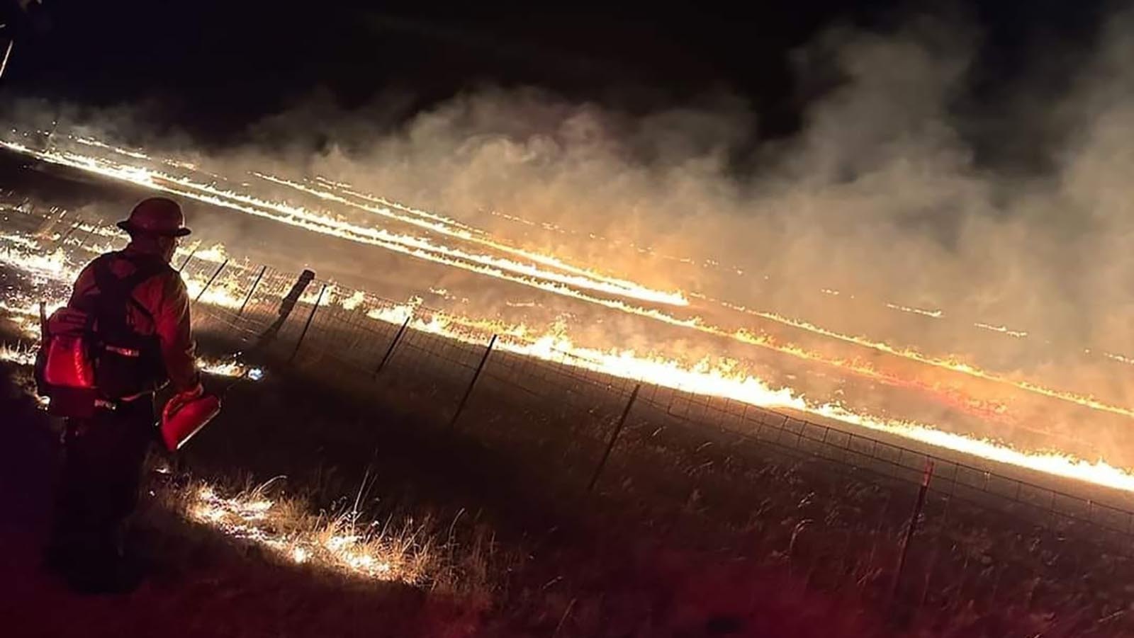 A firefighter watches as the Remington Fire burns in northern Wyoming and southern Montana.