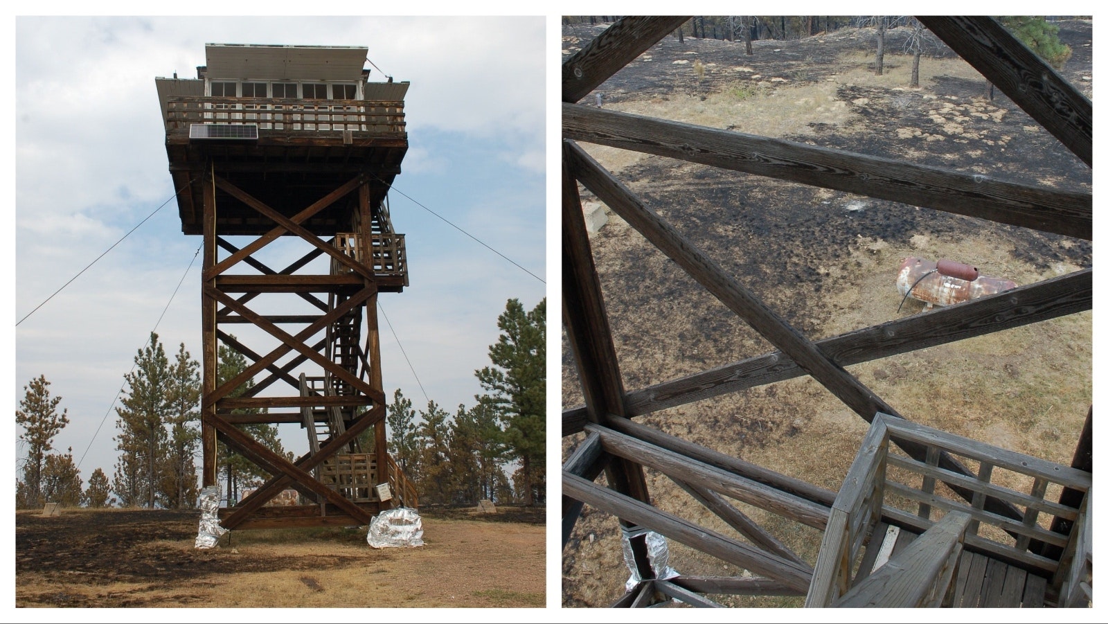 Crews worked to save the historic Poker Jim Fire Lookout tower in Custer National Forest, Montana, from the Remington Fire. "Flames burned under and past the station but rendered no notable damage to the structure," the BLM reports.