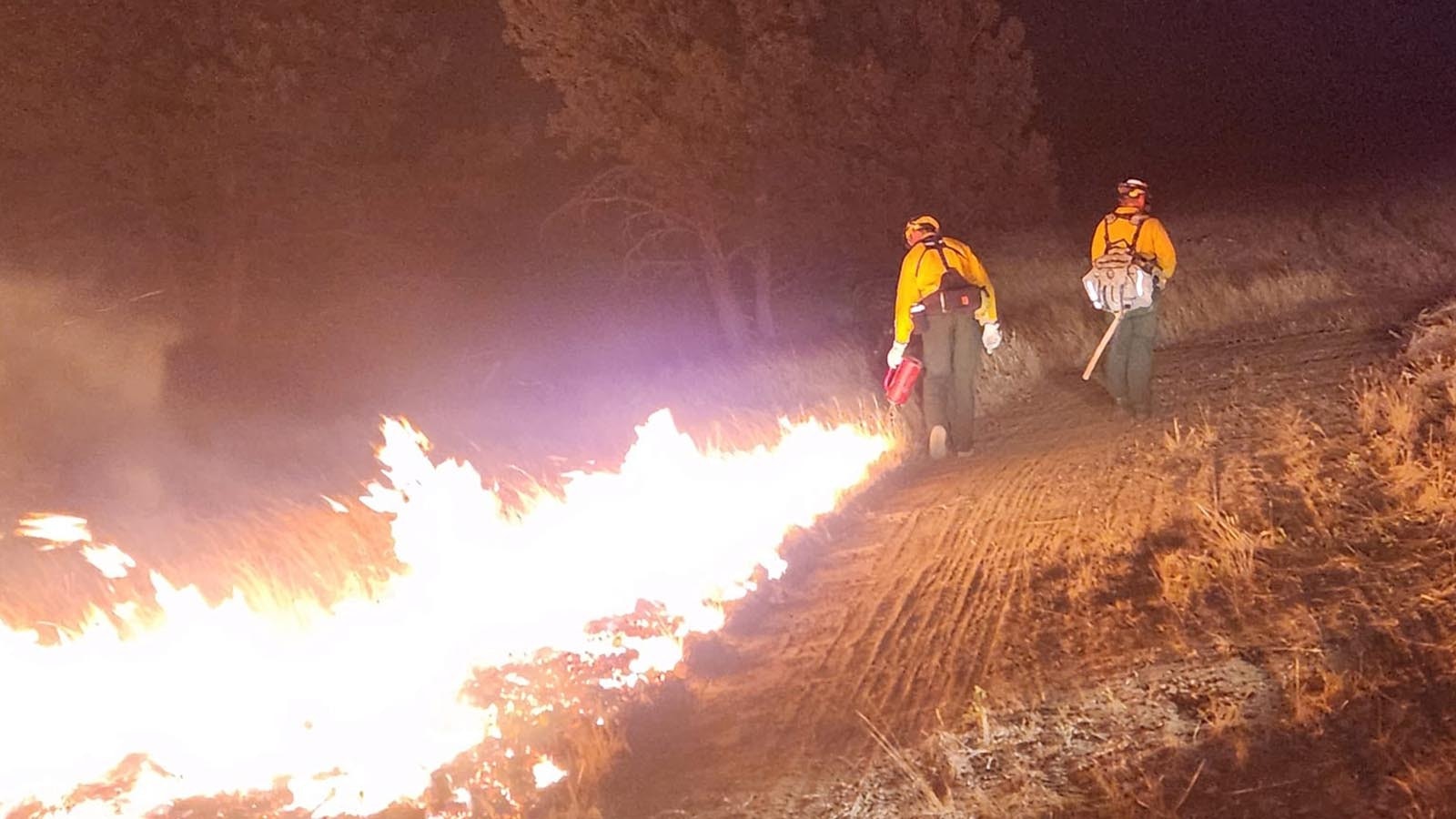 Firefighters make a fire line overnight Wednesday to battle the Remington Fire in northern Sheridan County near the Montana border.