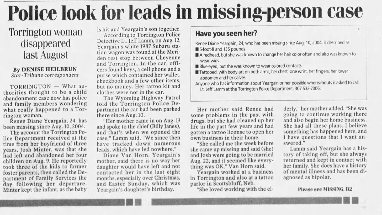 Renee Yeargain of Torrington, Wyoming, disappeared Aug. 9, 2004.