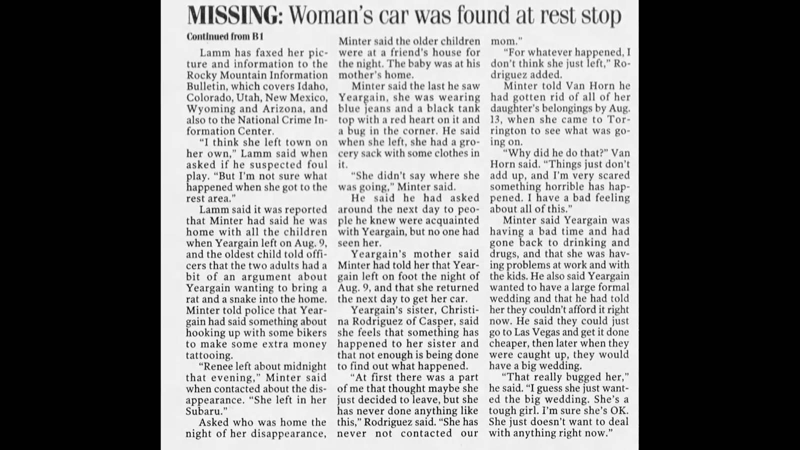 Renee Yeargain of Torrington, Wyoming, disappeared Aug. 9, 2004.