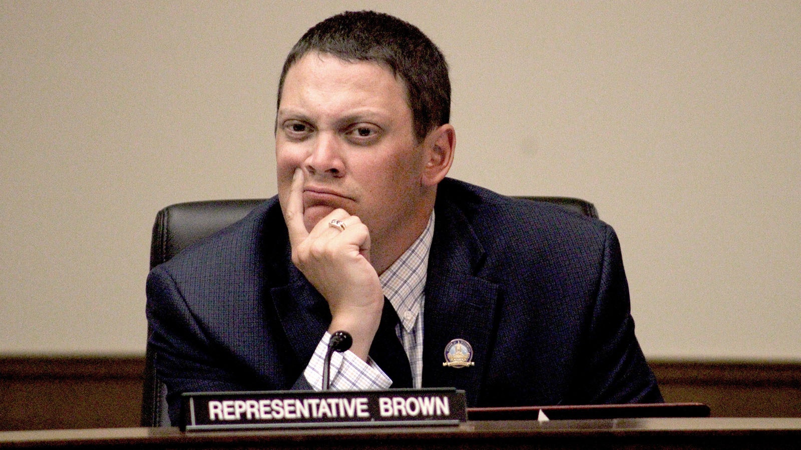 Rep. Landon Brown, R-Cheyenne, ponders a point made by someone during Tuesday's meeting.