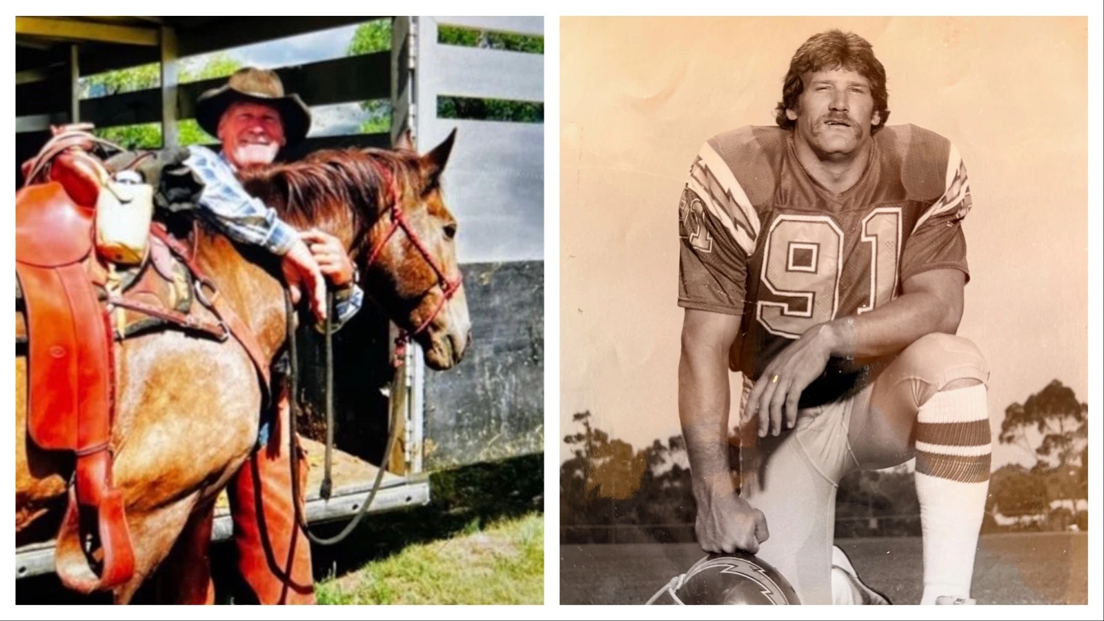 Rick Ackerman poses with his horse Moose after a backpacking trip. He started his NFL career with the San Diego Chargers, playing for the Bolts from 1981-1984.