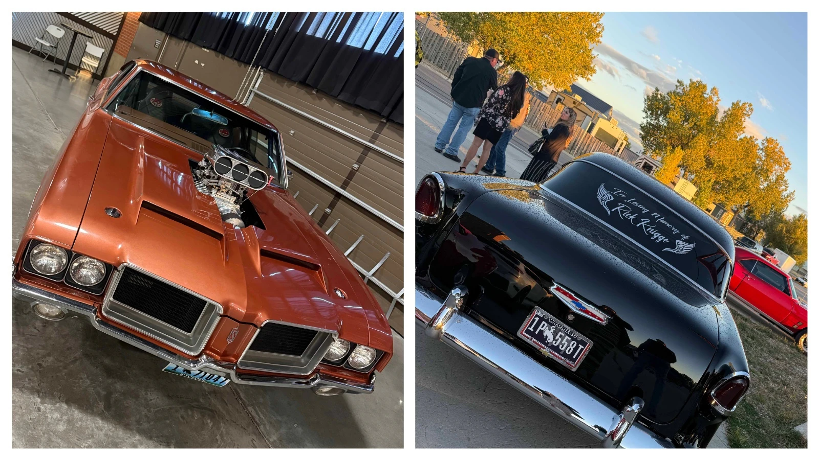 Left, one of the high-performance muscle cars from Rick Knigge's "Go Fast" collection sits on display before the July auction. Right, a classic car bearing an "In Loving Memory of Rick Knigge" decal honors the lifelong Wyoming car enthusiast, whose collection of more than 220 vehicles was later sold at auction.