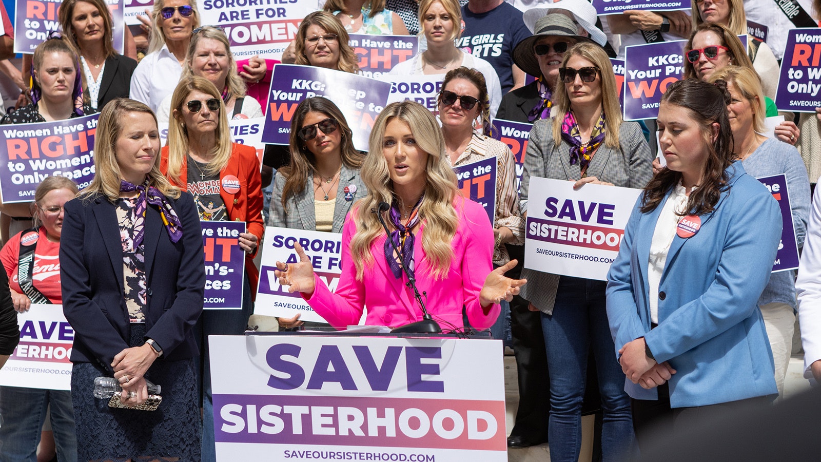 Women's sports rights activist Riley Gaines is blasting U.S. Senate Democrats who voted down a federal bill that would ban males from female-designated sports. She's seen here in May 2024 rally for a handful of University of Wyoming women suing their sorority for admitting a transgender member.