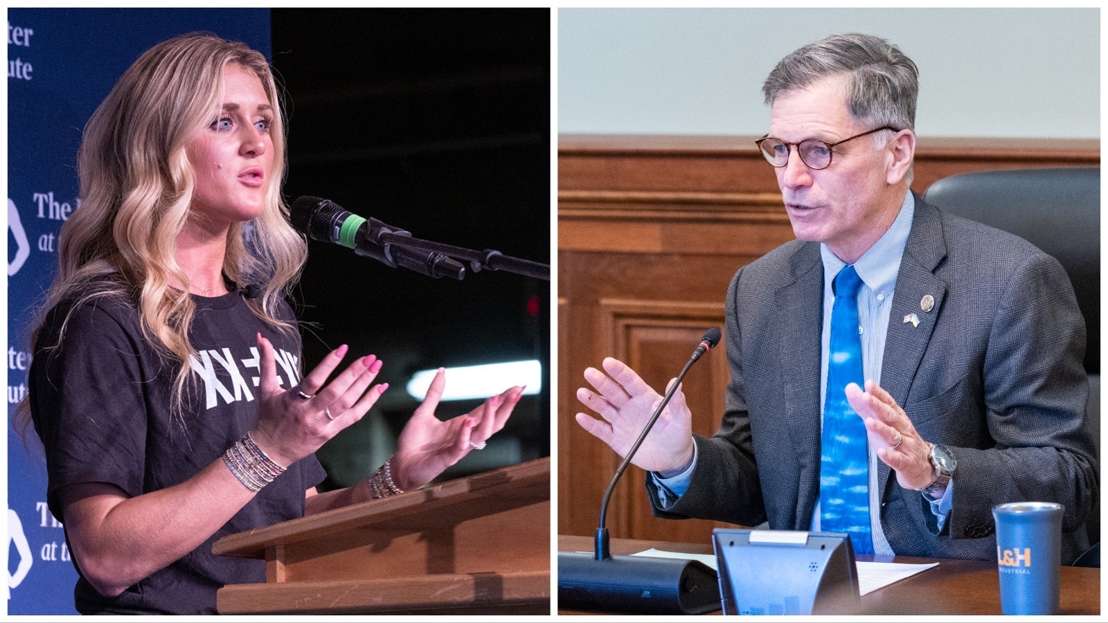Women in sports activist Riley Gaines, left, and Gov. Mark Gordon.