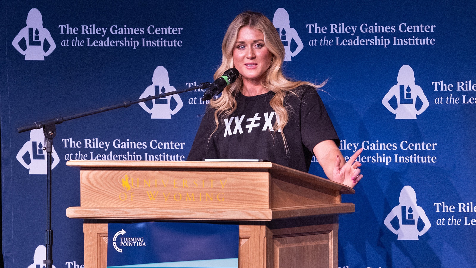 Riley Gaines during a stop on her "Speak Louder" tour at the University of Wyoming in Laramie in October 2023.