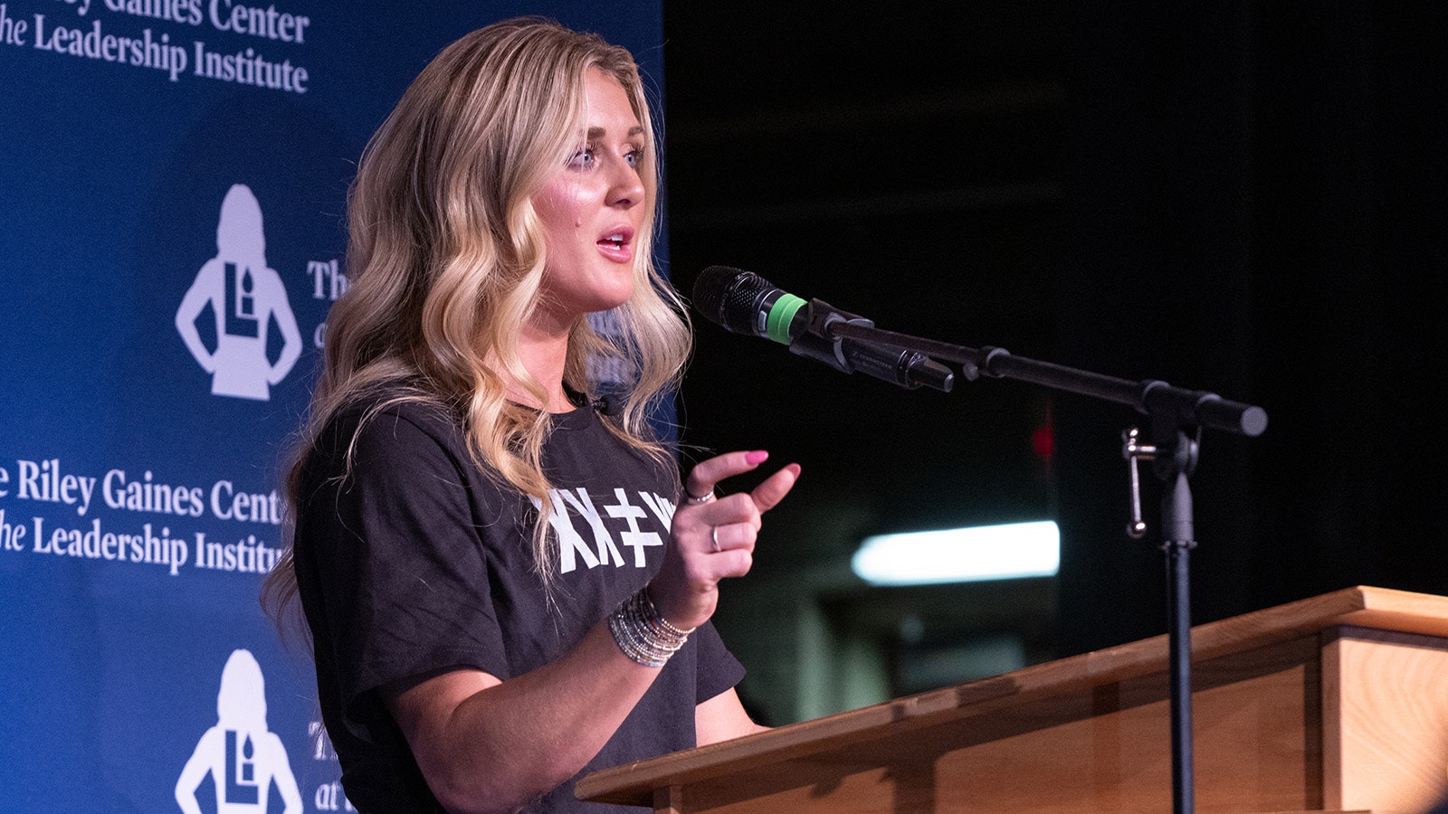 Riley Gaines during a stop on her "Speak Louder" tour at the University of Wyoming in Laramie on Tuesday.