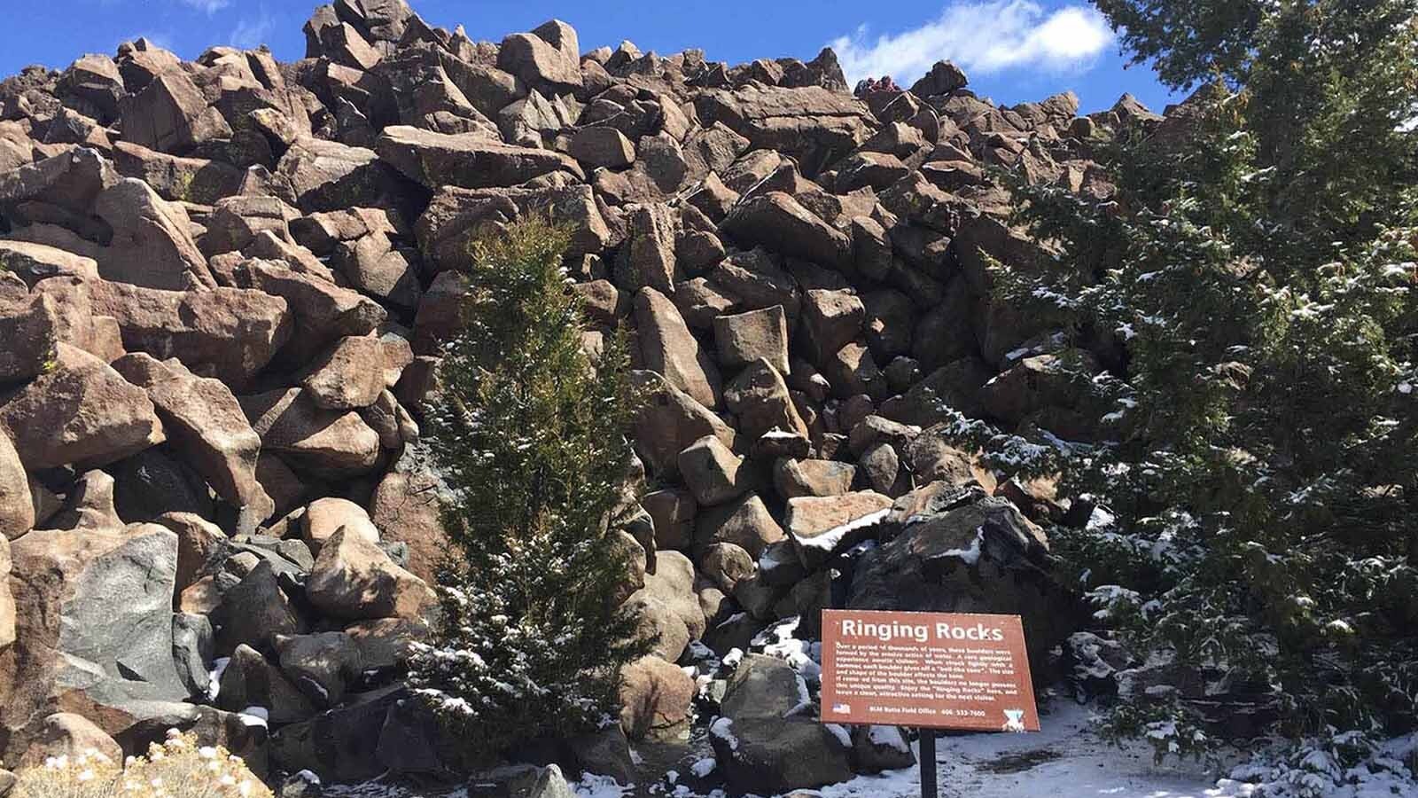 If you’re traveling along I-90 east of Butte, take exit 241 and a 30-minute drive north on a dirt road to a unique geological formation with a Whitehall address. There you’ll find a big pile of rocks, aptly known as Ringing Rocks, which chime if you tap them lightly with a hammer.