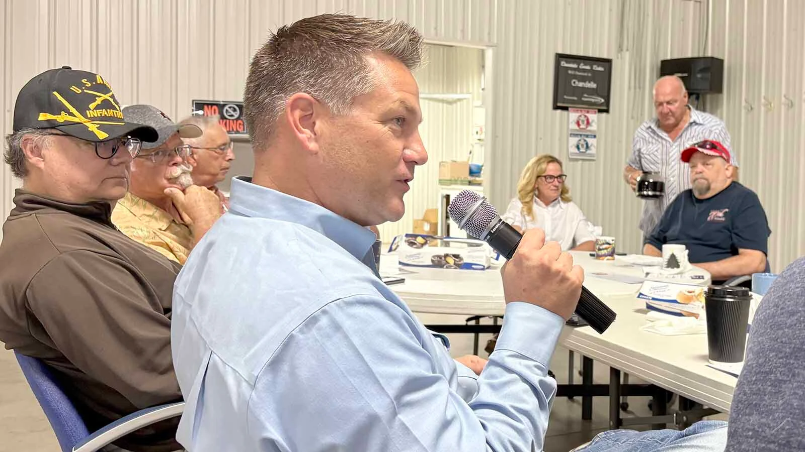 Wyoming Senate President and U.S. House candidate Bo Biteman meets with "The Gentry" in Riverton. He was joined by fellow House candidate and former Wyoming Superintendent of Public Instruction, Jillian Balow, back center.