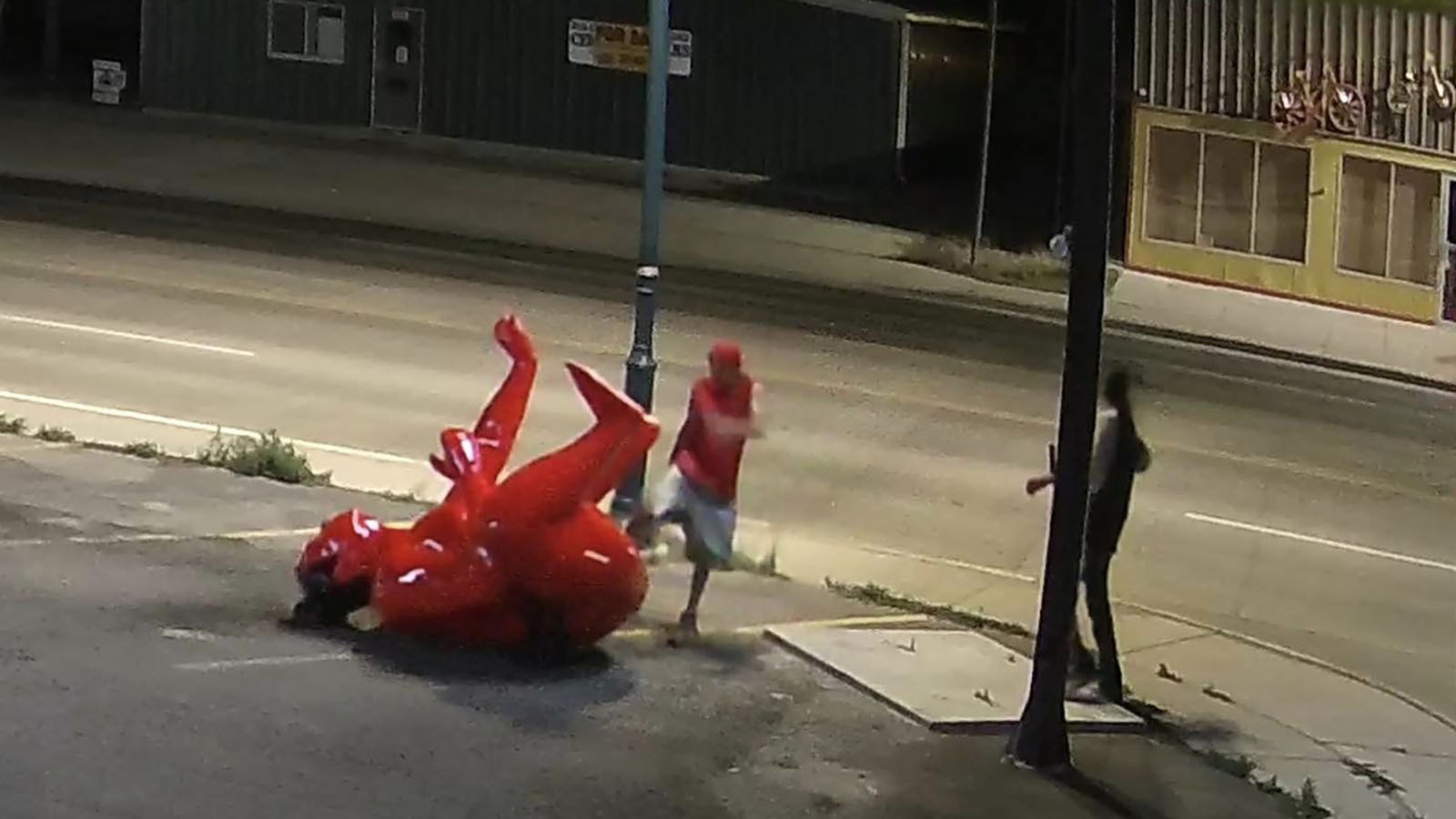 This photo from a surveillance video outside Ichiban Japanese Steakhouse in Riverton shows a pair of vagrants vandalizing its large red sumo wrestler statue.