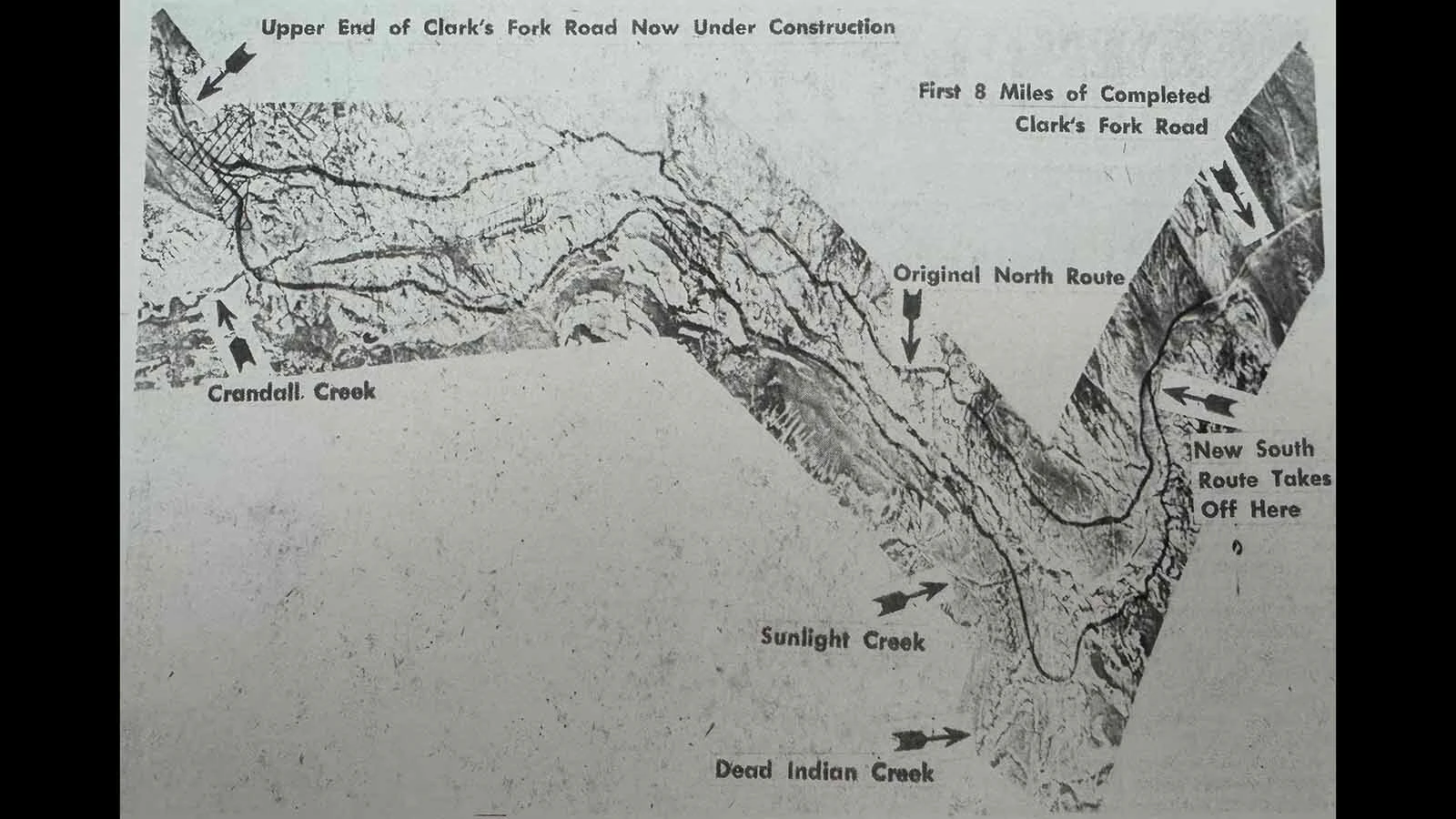 A map of the intended Clarks Fork Highway published in The Cody Enterprise on June 4, 1969. It shows the intended route to connect Cody to Cooke City, Montana, by building a road through the Clarks Fork Canyon. After multiple evaluations and public opposition, the plan was abandoned even though eight miles leading from Clark to the mouth of the Clarks Fork Canyon was already finished.