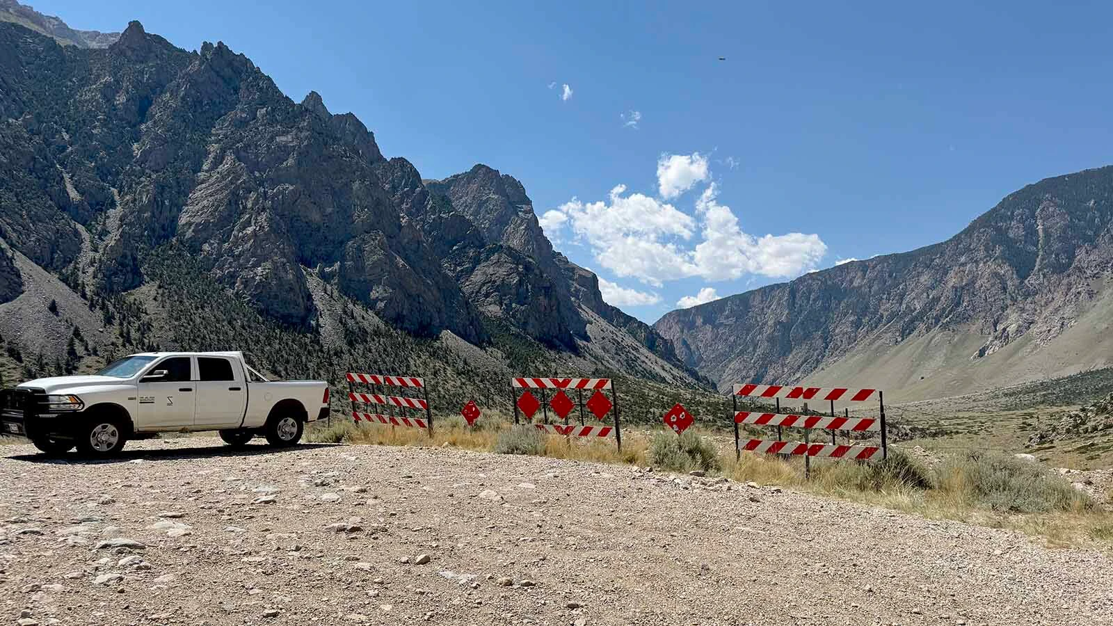 The end of County Road 8VC in the Clarks Fork Canyon. The Wyoming Highway Department got this far by 1968 but decided to abandon the road in favor of what became Wyoming Highway 296, the Chief Joseph Scenic Highway, which was less costly, treacherous, and controversial. 
