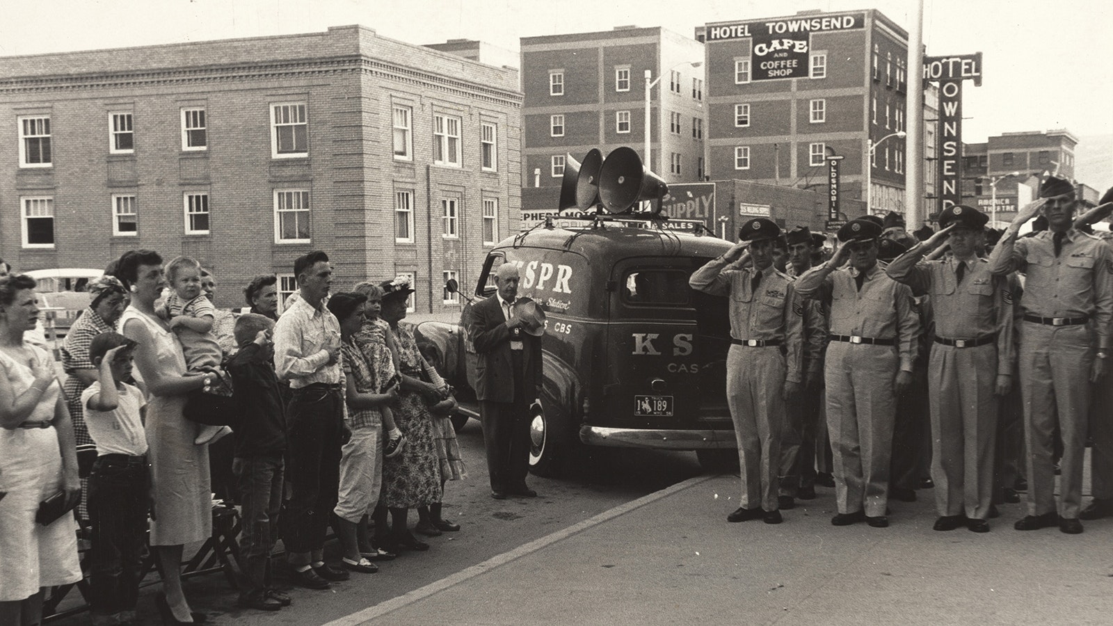 People line the street during a ceremony featuring Armed Forces Day ceremony in Casper in 1956. The photo was taken by Robert Frank and later used as art for a sleeve of the Rolling Stones album "Exile on Main Street."