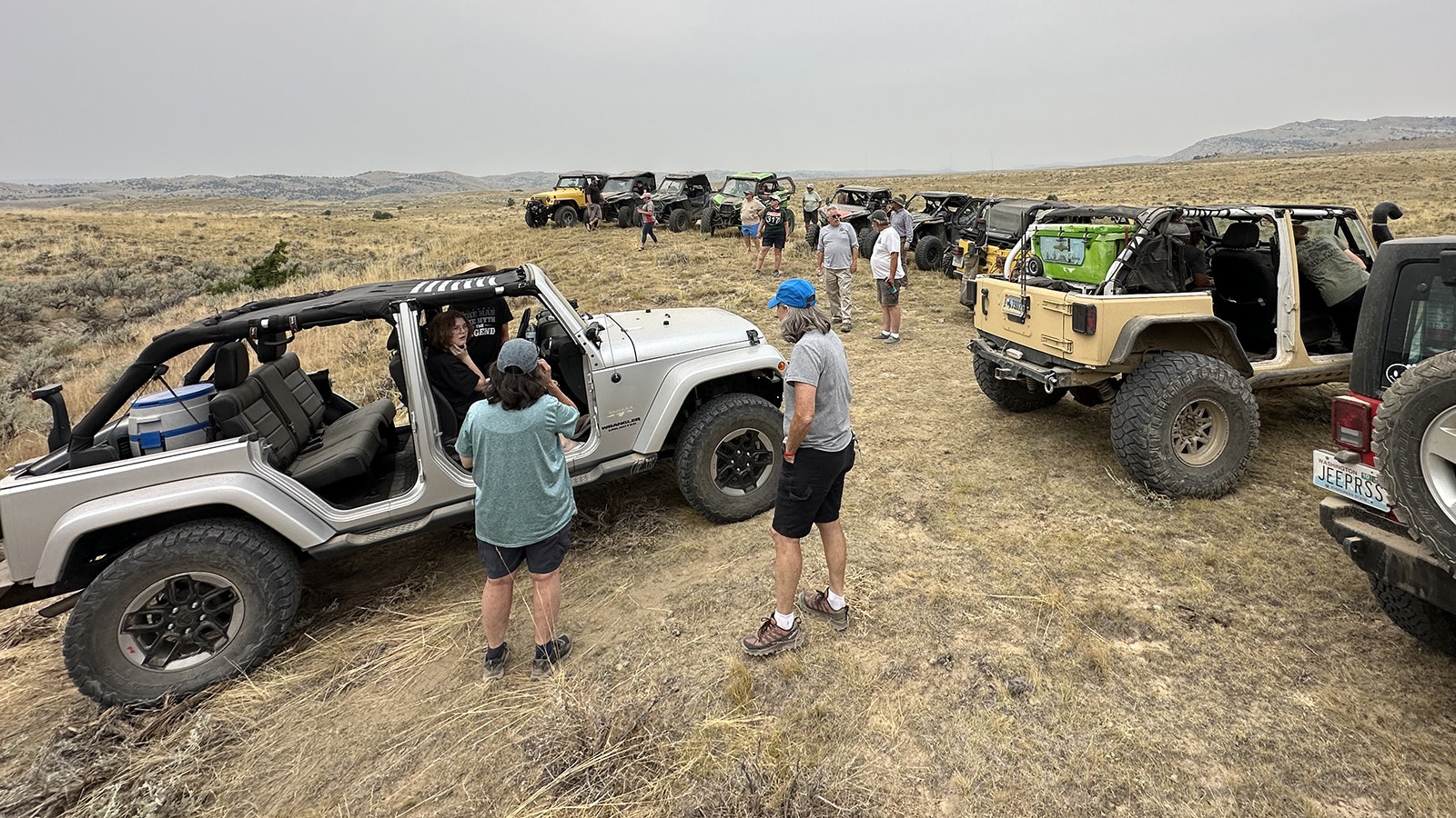 Line of jeeps and side-by-sides at Wagonhound Off-Road Park on a guided tour by Bill Knighten and Dave Firebaugh of the Central 4X4 Club.