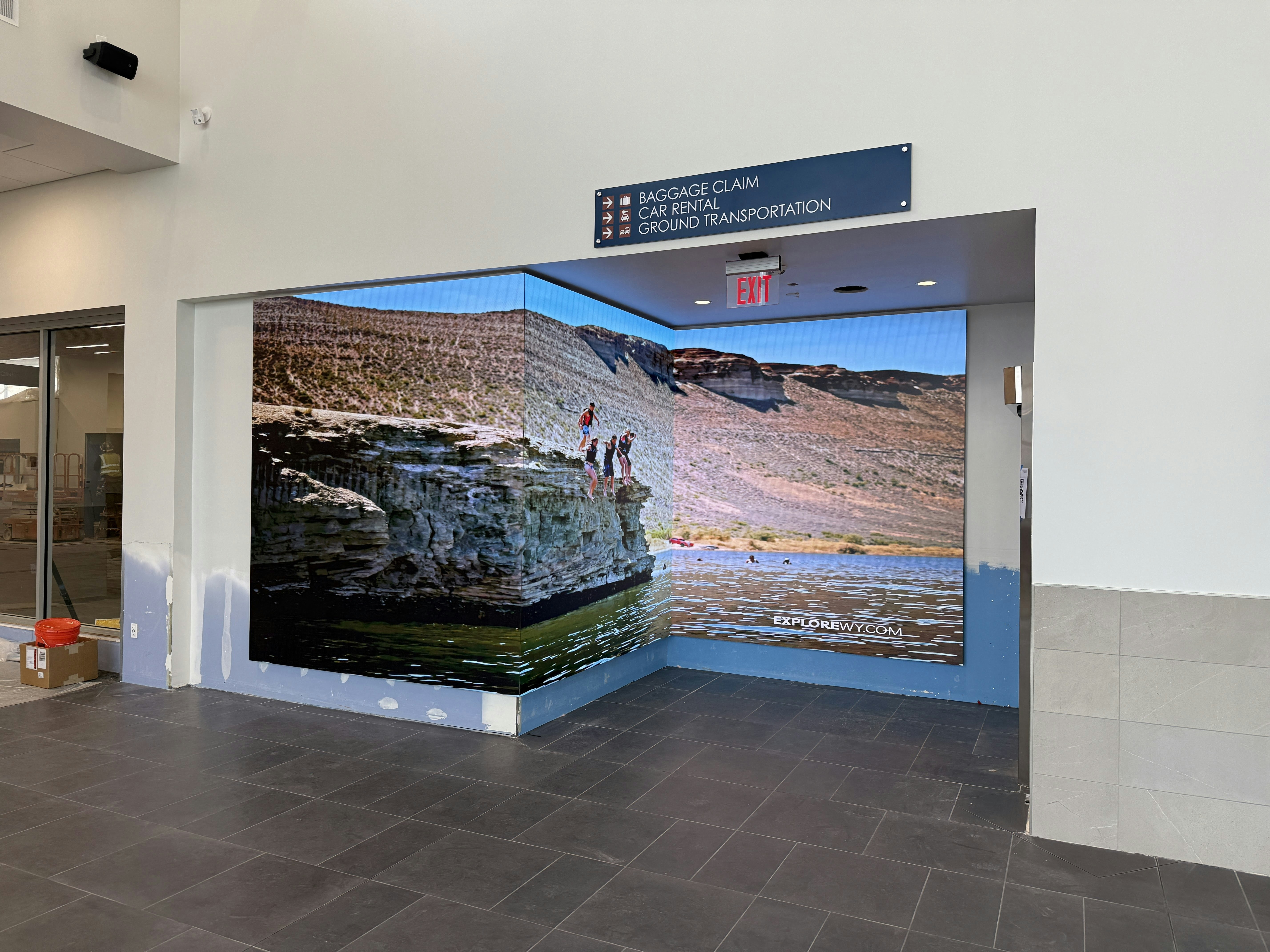 One of the unique features of the new Rock Springs Airport terminal is a wraparpound video board at the exit that can feature all kinds of messages and Wyoming landscapes.