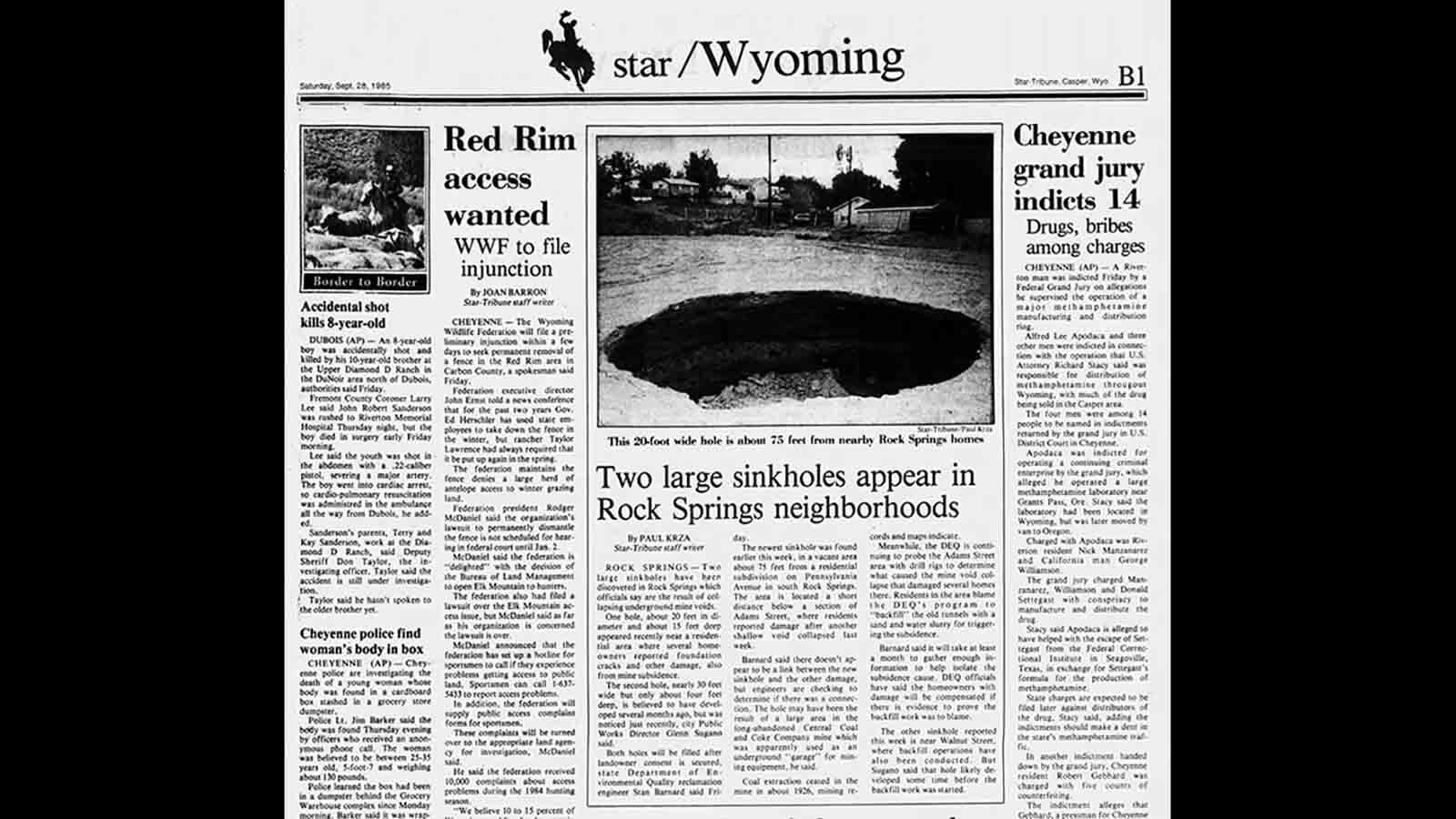 A newspaper article from September 1985 shows a sinkhole that opened up in Rock Springs near a residential area. Mine subsidence was a serious problem in Rock Springs for decades, but has largely been remedied today.