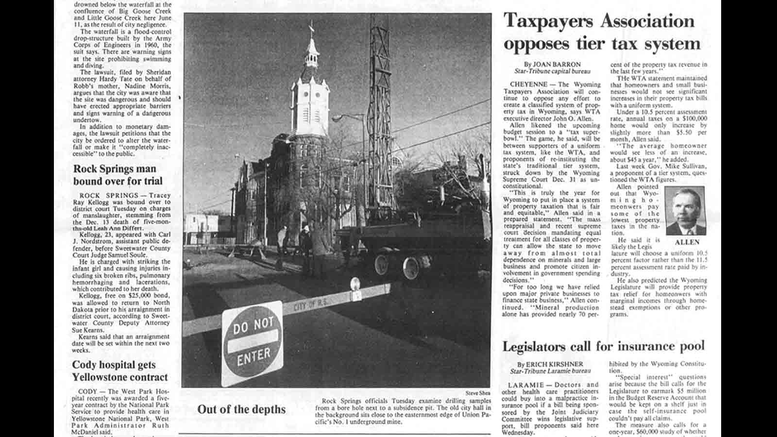 A newspaper clipping shows the Rock Springs City Hall blocked off as work is underway to survey the damage from a subsidence hole that opened up in 1988. The building was built very close to the original entrance of the Union Pacific No. 1 mine.