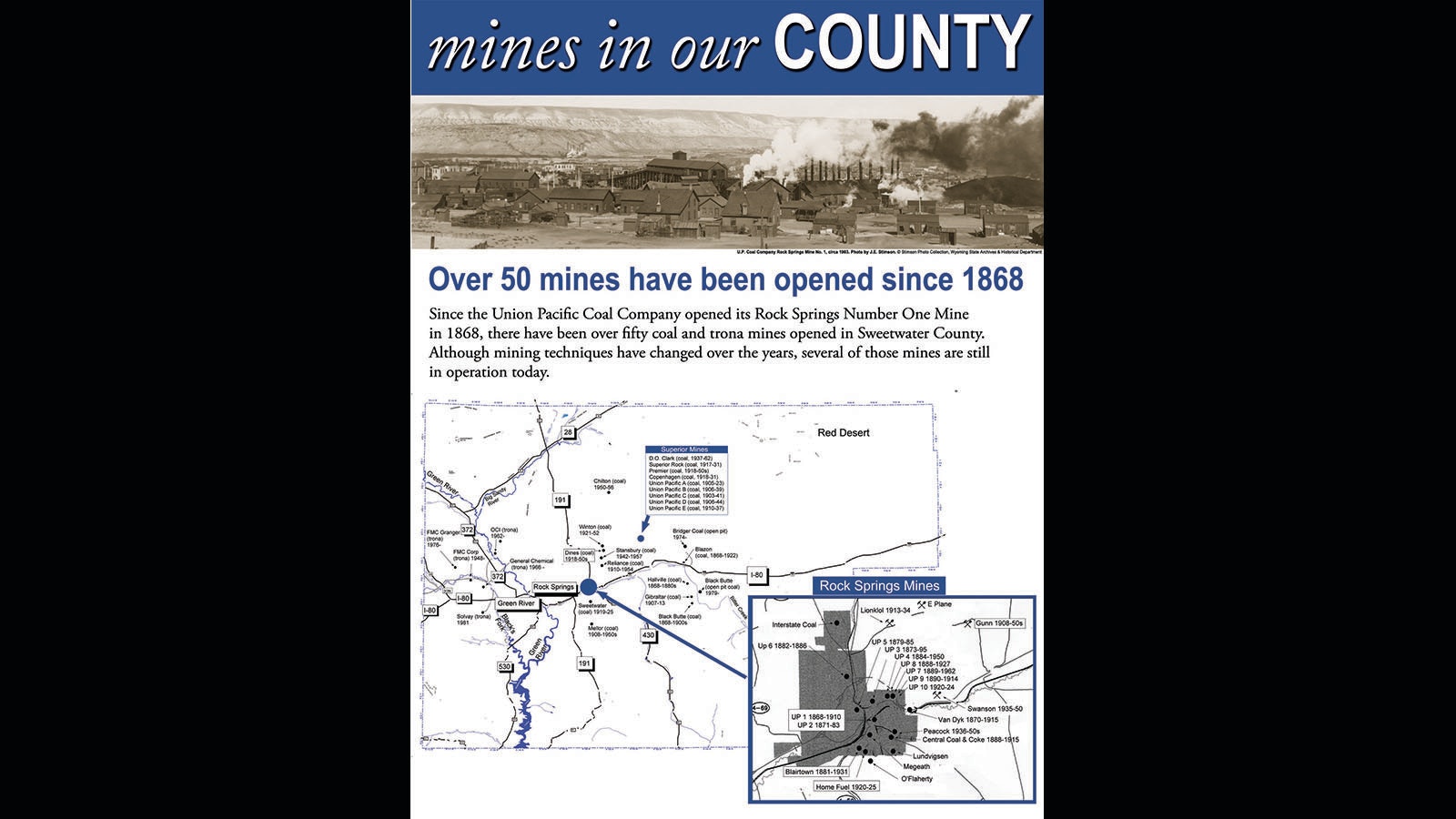 A map shows the locations of various mine sites in Sweetwater County, including a view of mines located in Rock Springs.