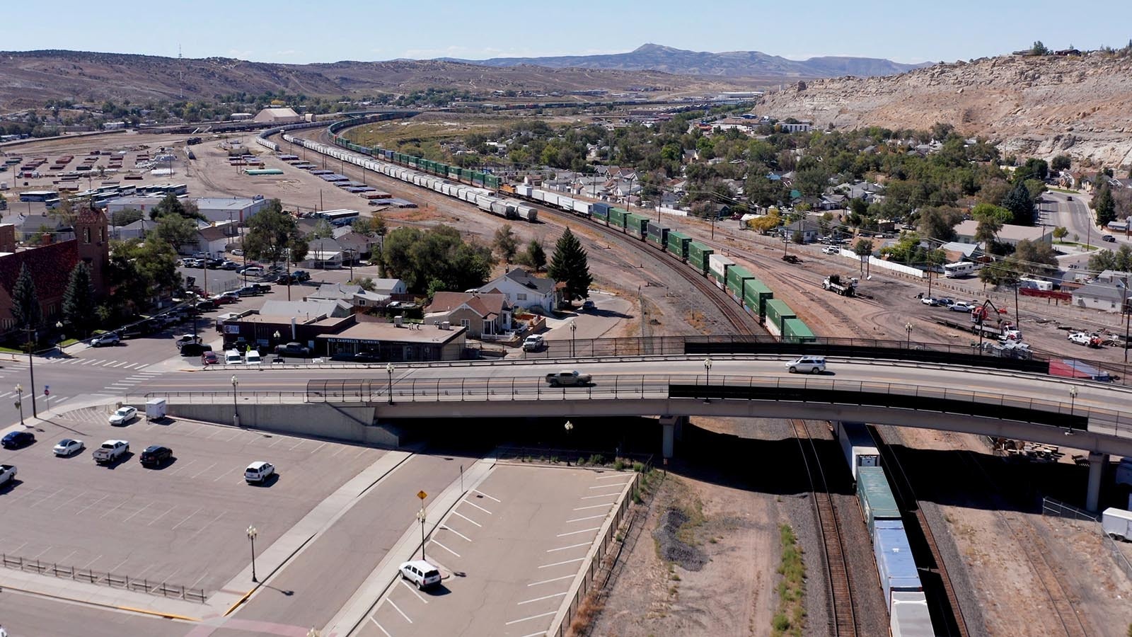 A train can be seen passing through downtown Rock Springs. When Union Pacific arrived in Rock Springs in the late 1800s, coal for demand increased, and a new industry was born.